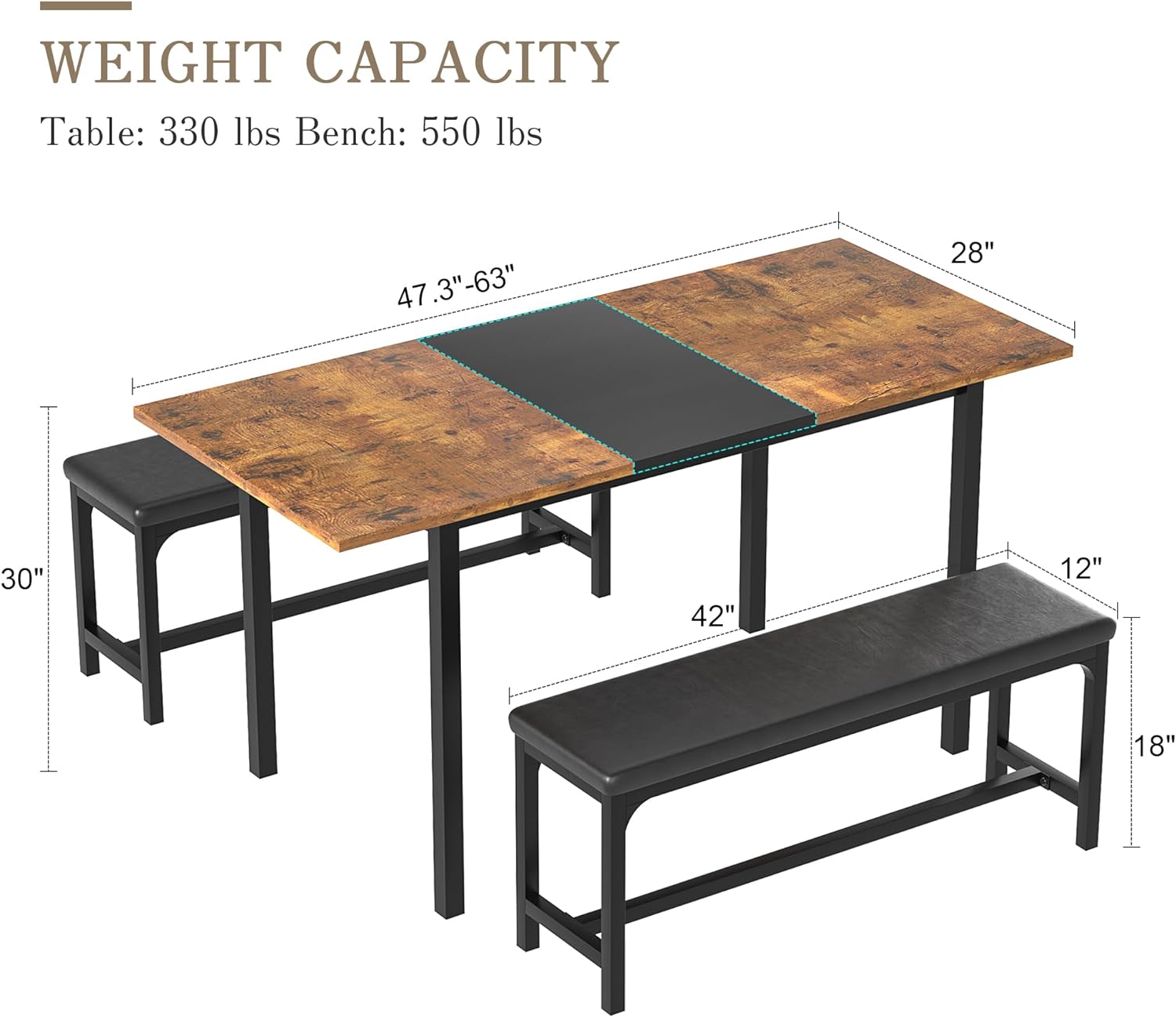 VECELO 3-Piece 63" Extendable Kitchen Table with Benches - VECELO
