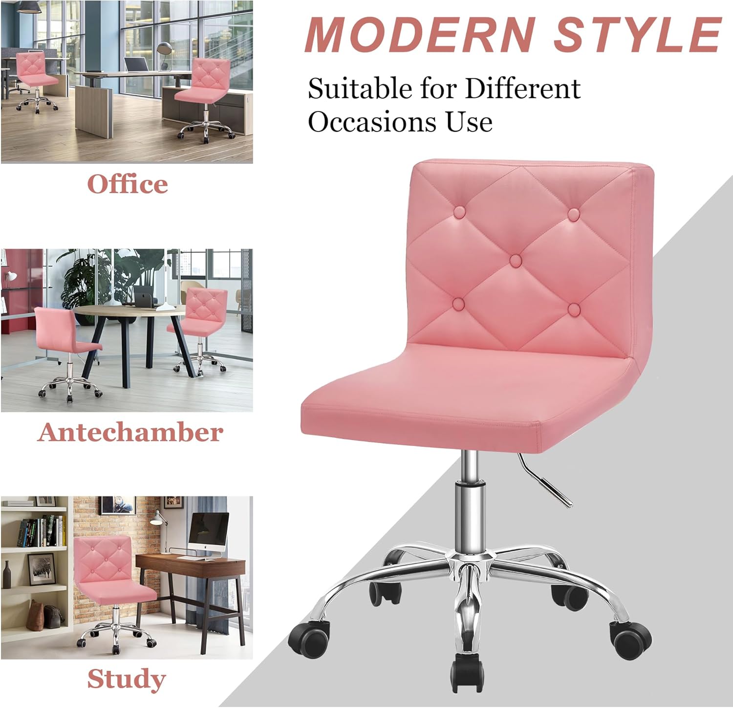 VECELO PU Leather Mid-Back Armless Desk Chair Adjustable Height 360° Rolling Swivel