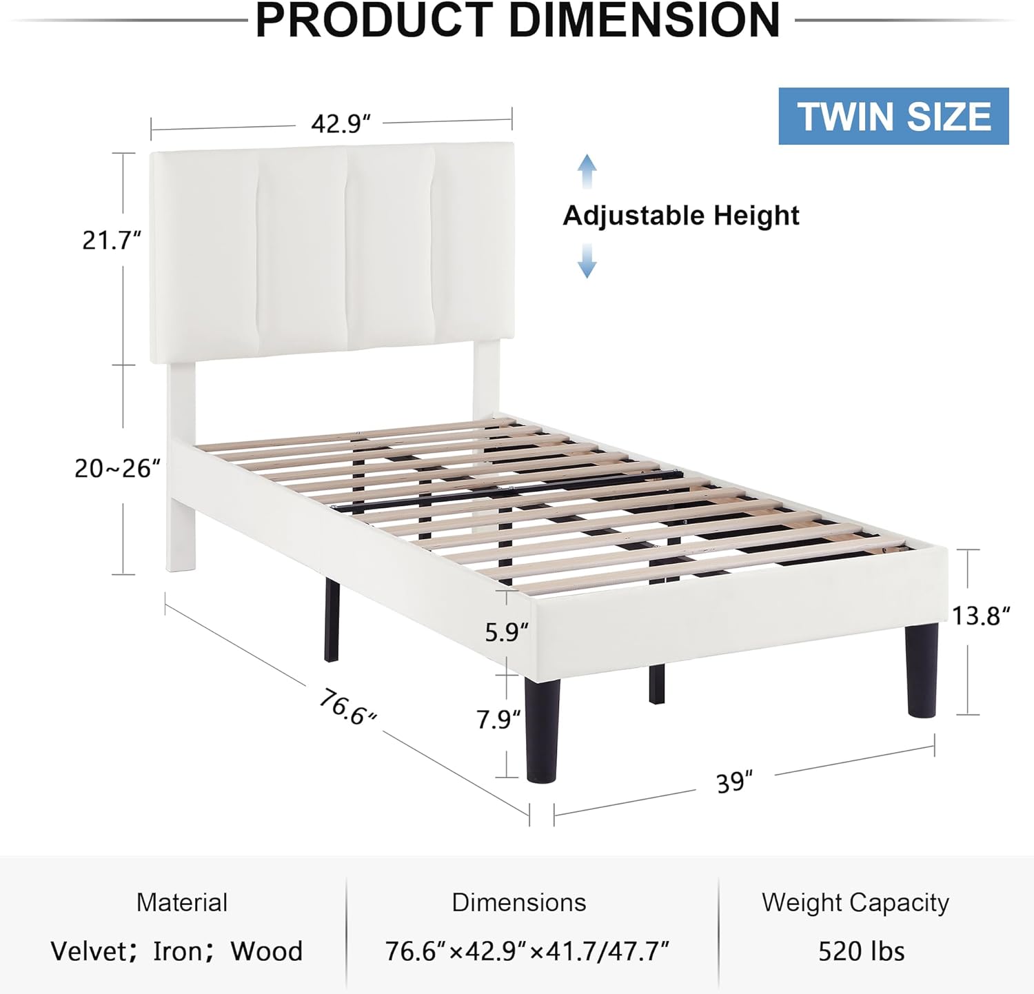 VECELO Modern Upholstered Platform Bedframe, Adjustable Headboard