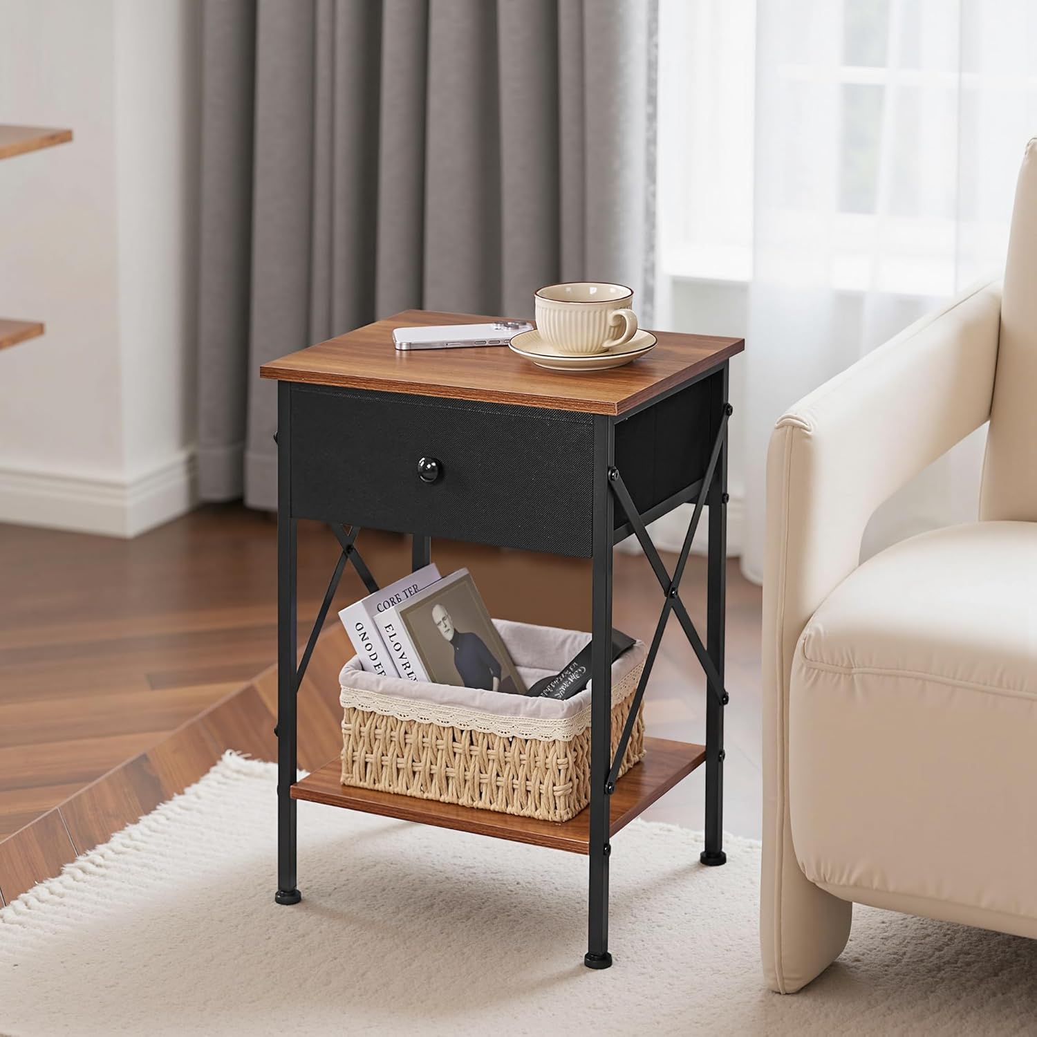 VECELO Nightstand Set of 2, X-Design End Side Table with Fabric Storage Drawer and Open Shelf