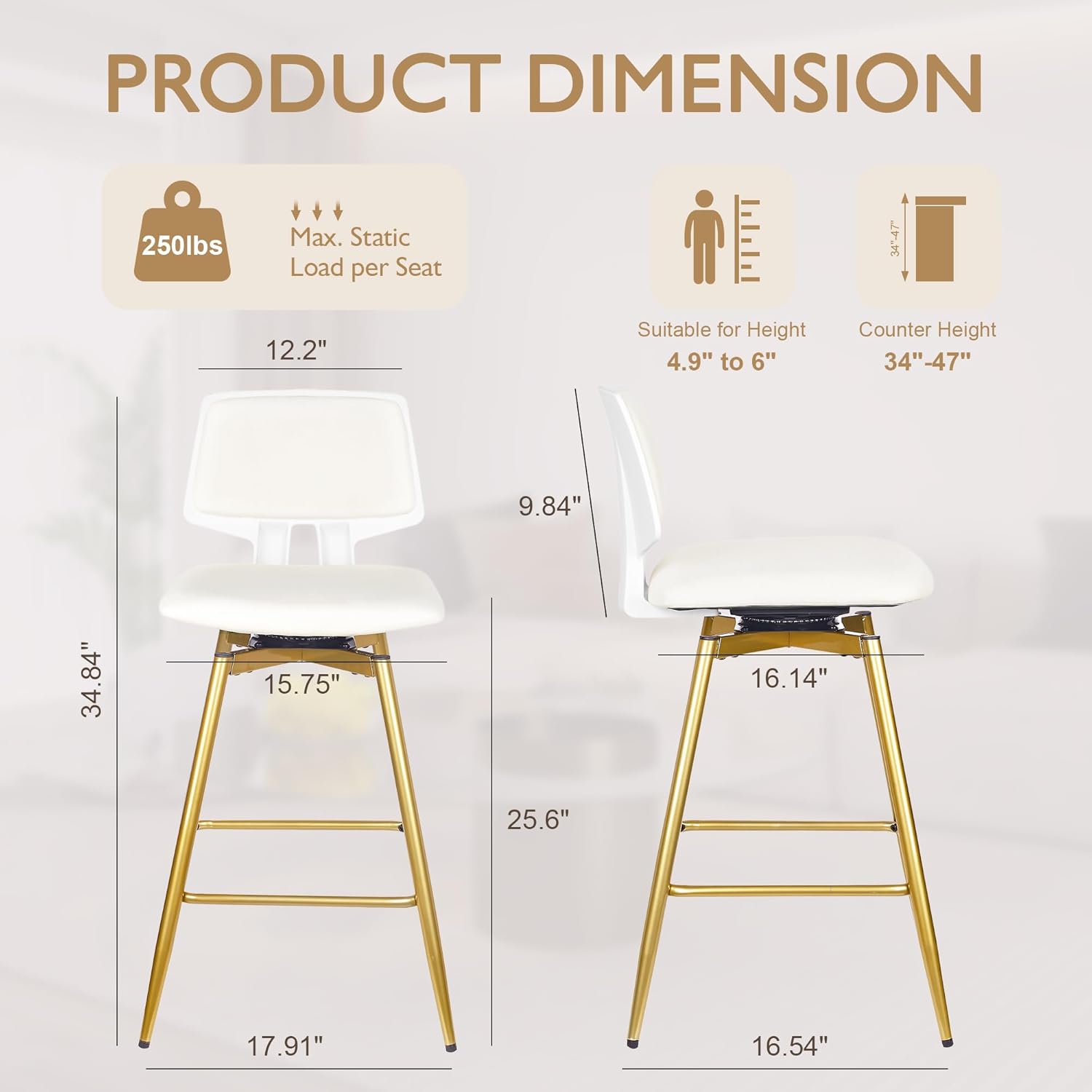 VECELO Swivel Upholstered Bar Stools Set of 2