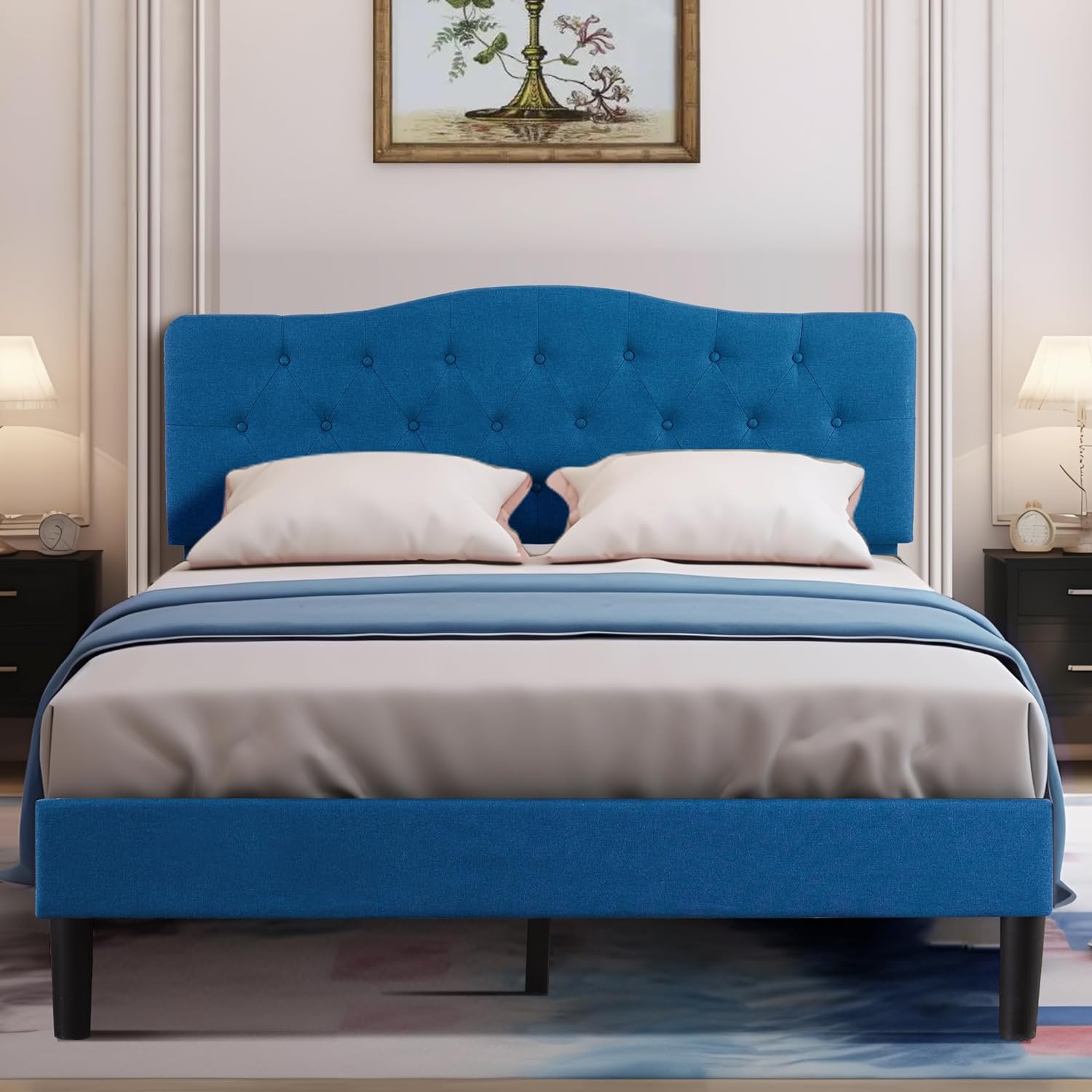 VECELO Classic Upholstered Platform Bed Frame with Diamond Stitched Cloth - VECELO