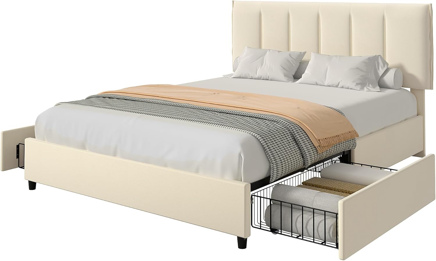 VECELO Upholstered Bed Frame with 4 Storage Drawers and Adjustable Velvet Headboard