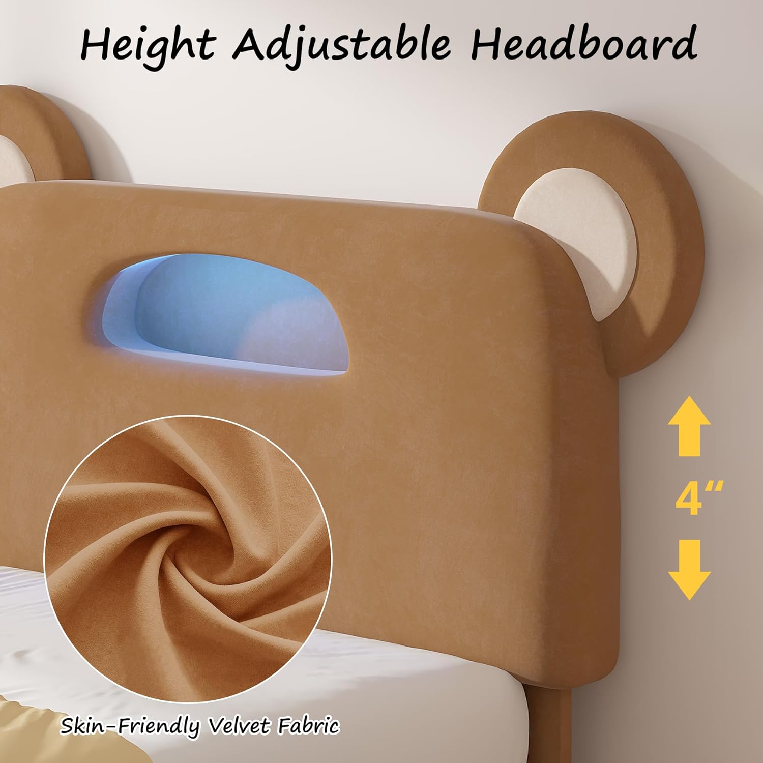 VECELO Twin Size Bed Frame with LED Light, Upholstered Platform Bedframe with Bear Adjustable Headboard