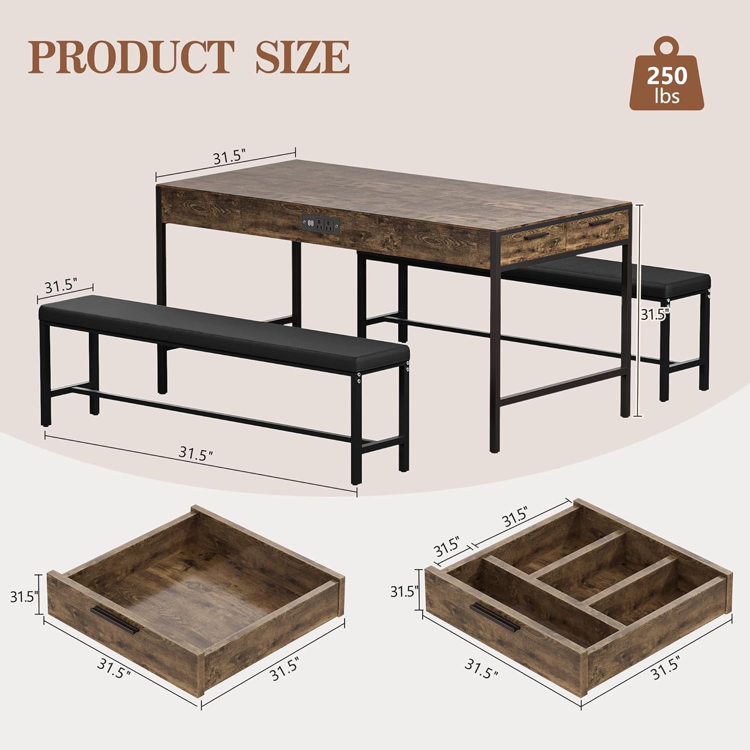 VECELO 65" Dining Table Set for 4-6
