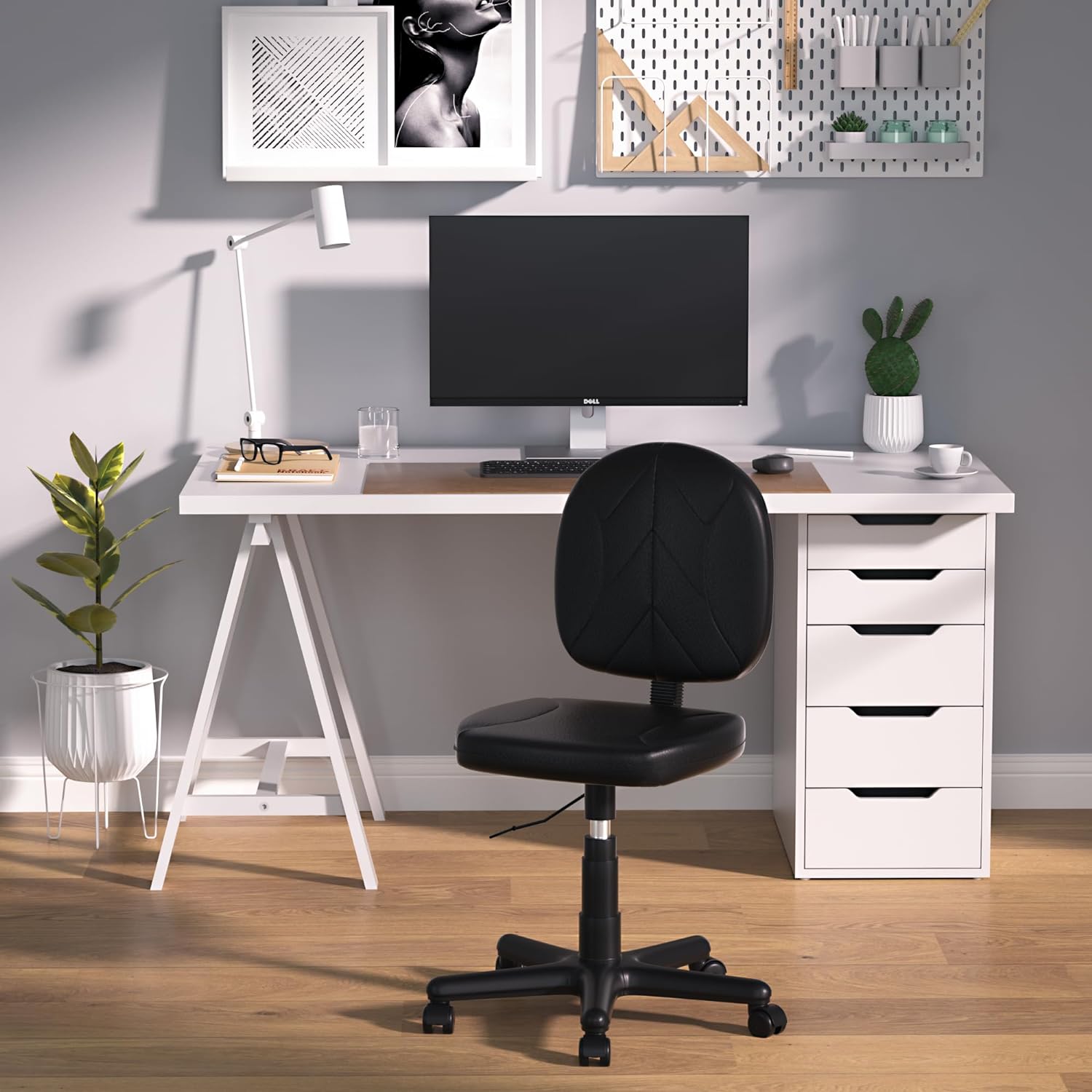 VECELO Small Desk Armless Low-Backrest PU Leather Ergonomic Computer Chair