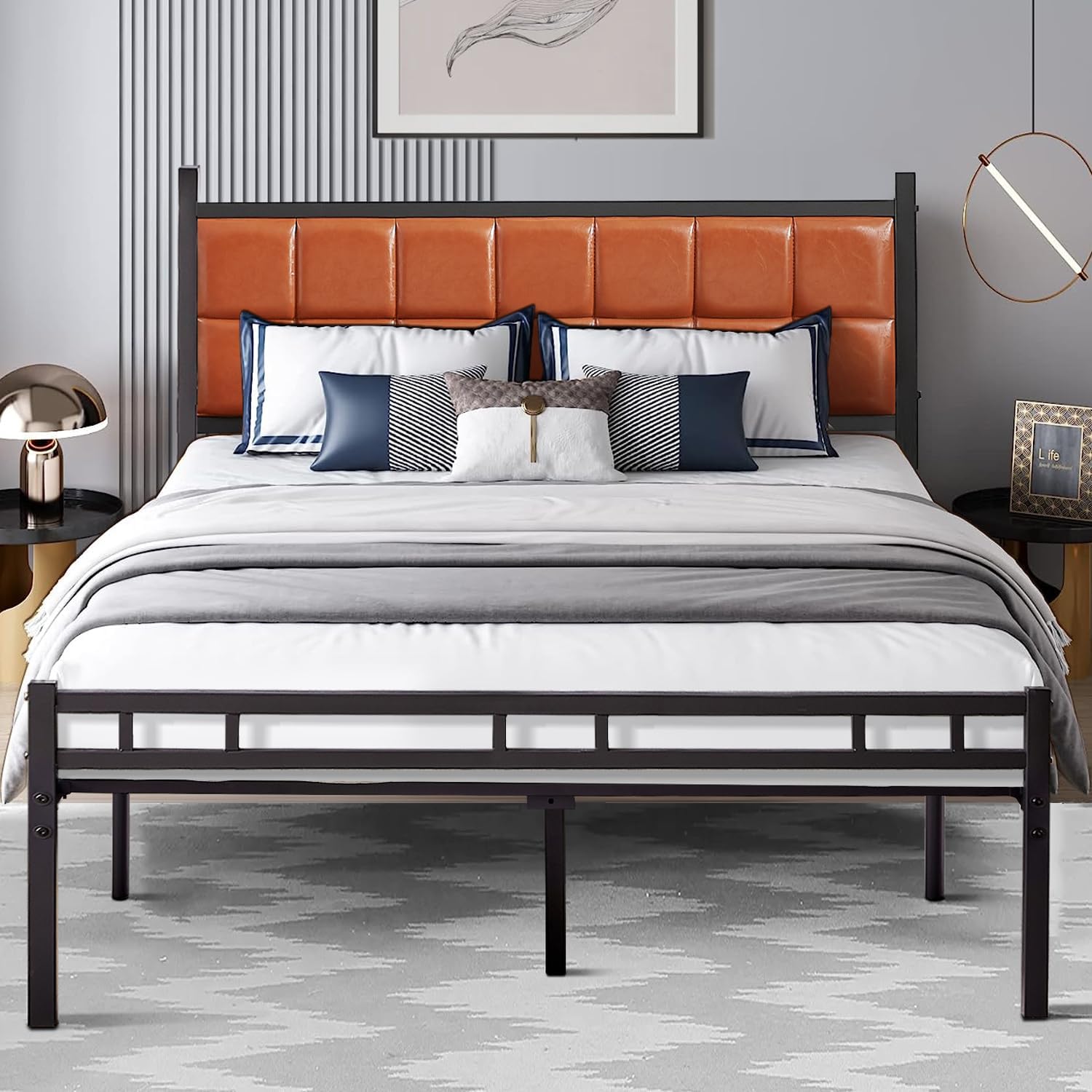 VECELO Bed Frame with PU Upholstered Headboard Metal Slats Support, No Box Spring Needed