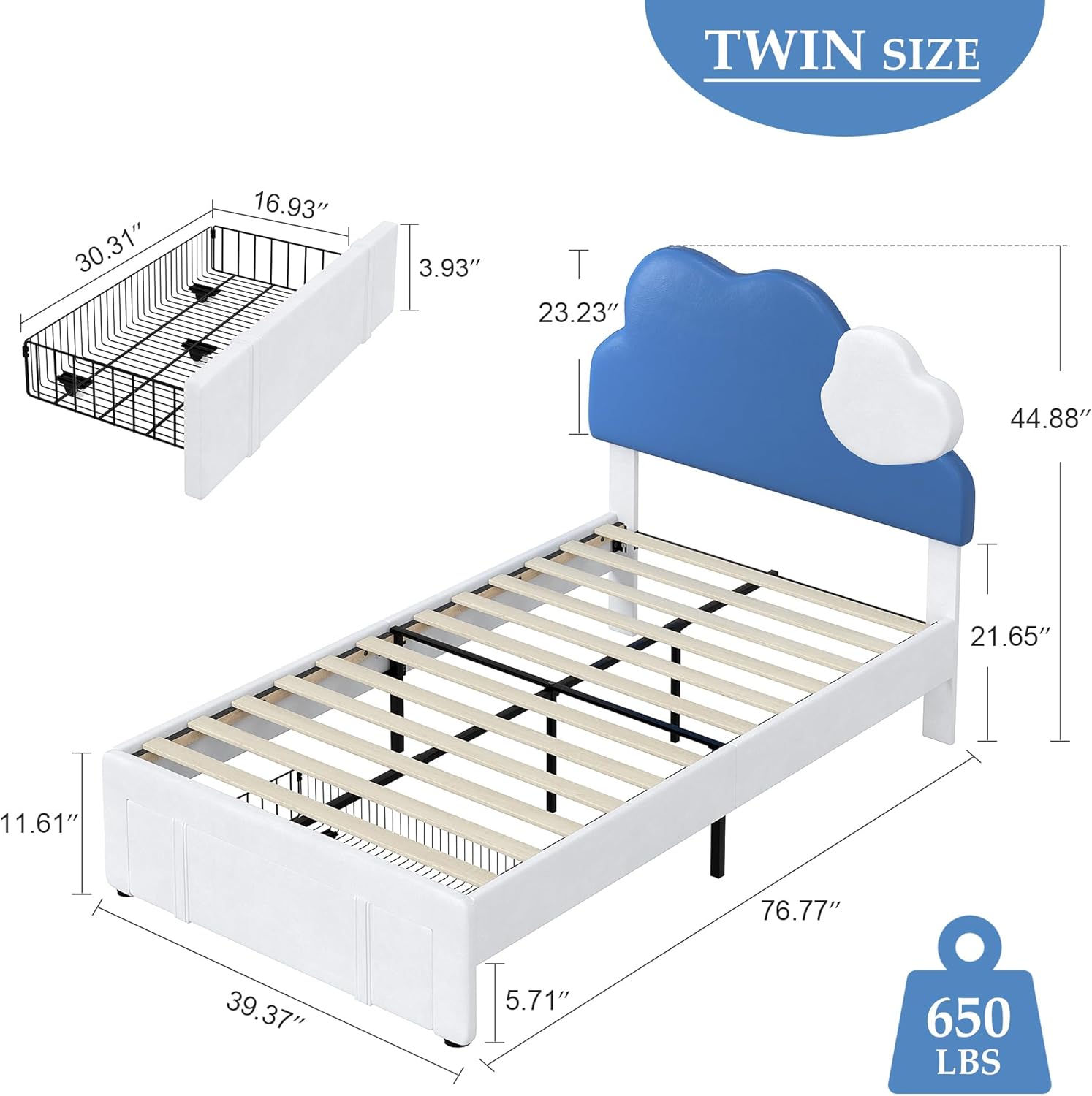 VECELO Twin Upholstered Bed Frame with Storage Drawer for Kids