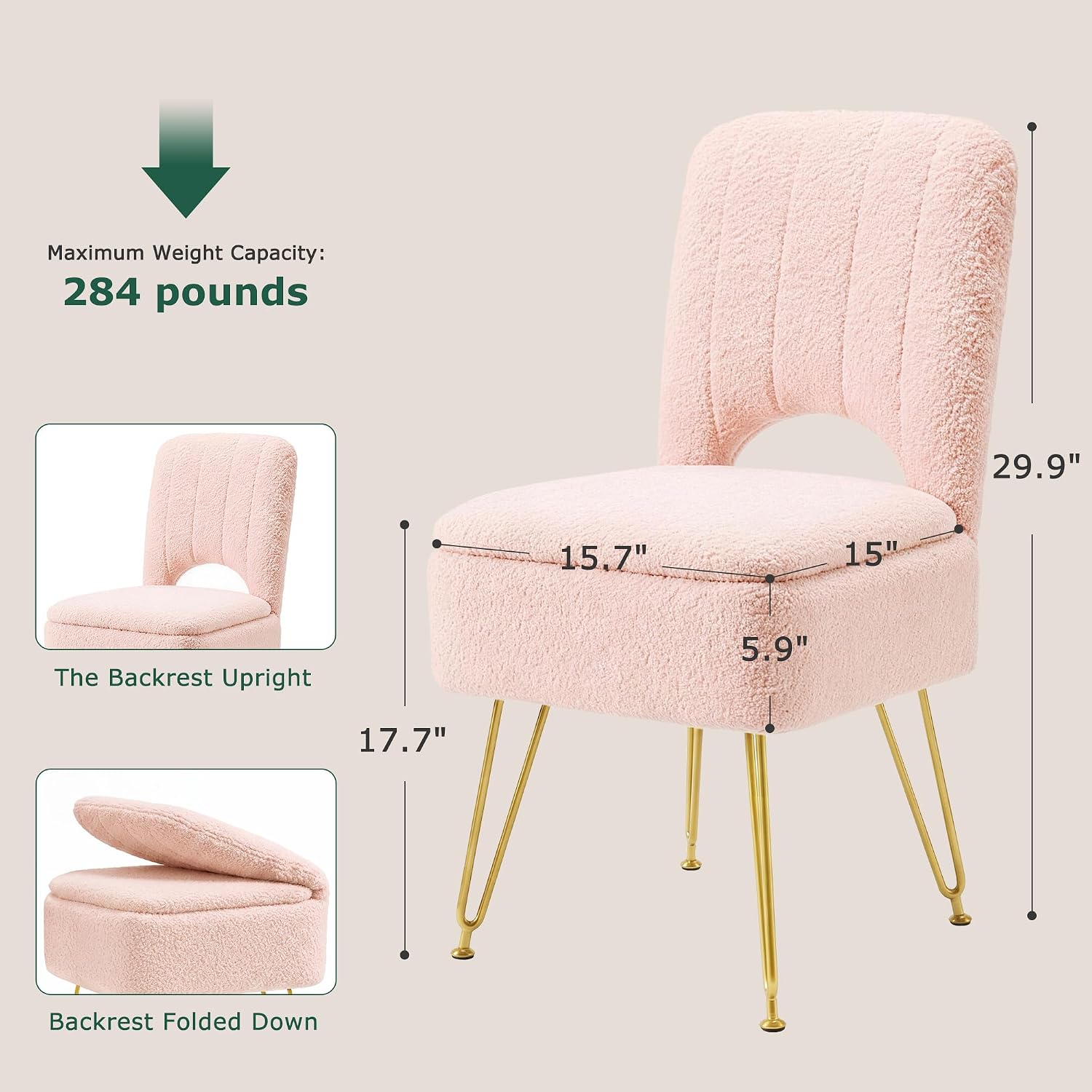 VECELO Vanity Stool Chair with Storage and Folding Back