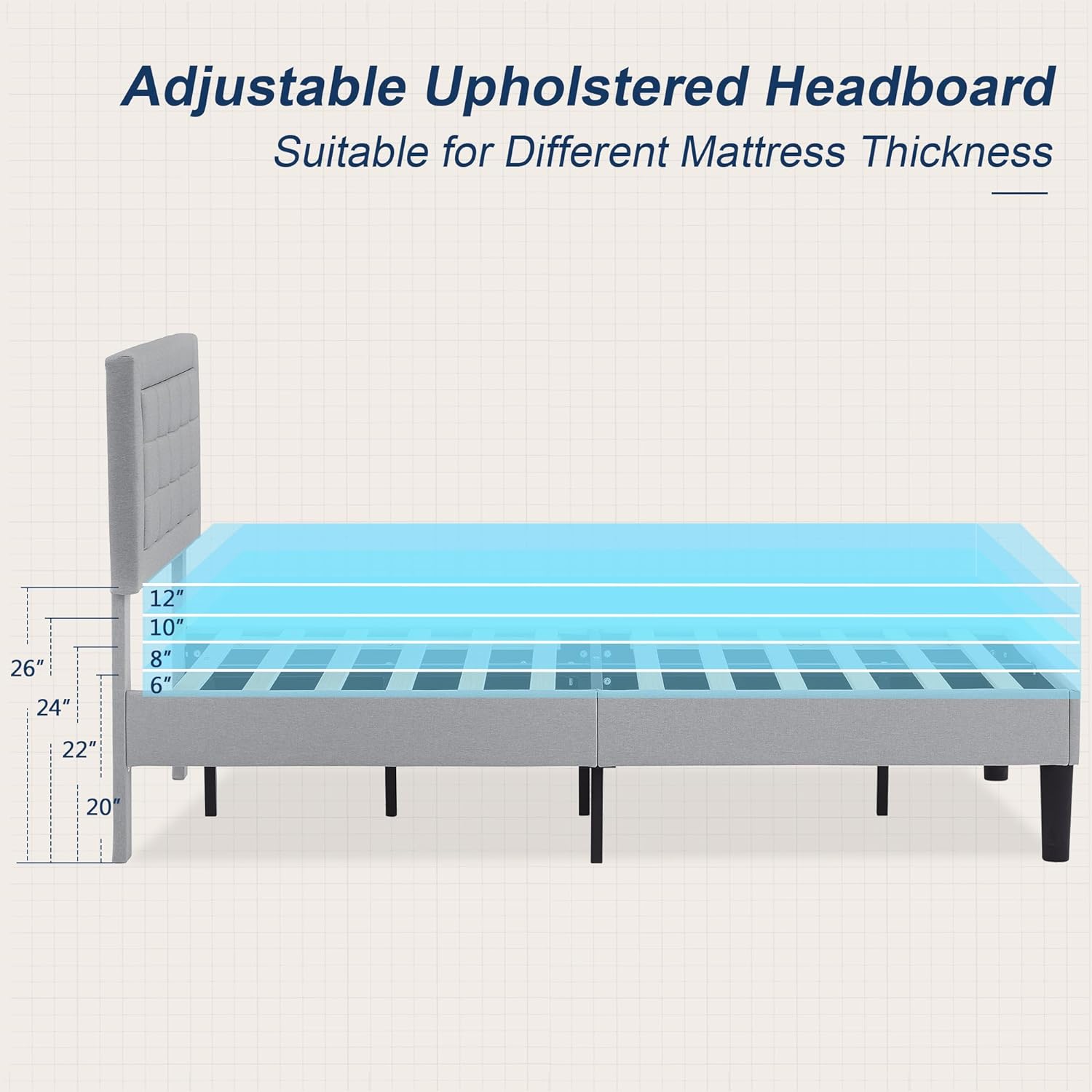 VECELO Upholstered Platform Bed Frame with Height Adjustable Headboard