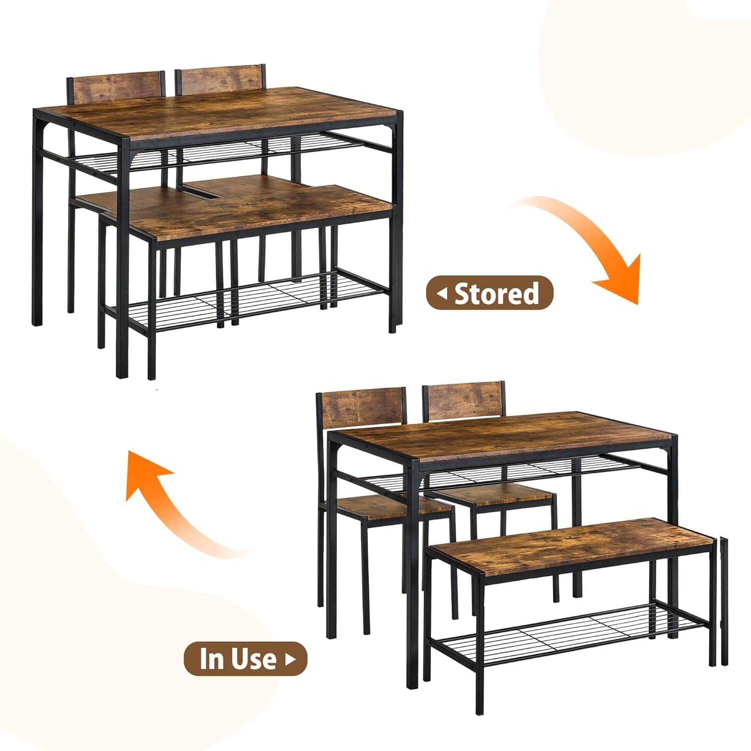 VECELO industrial dining table set with 2 chairs and storage bench, shown for use and storage configurations.