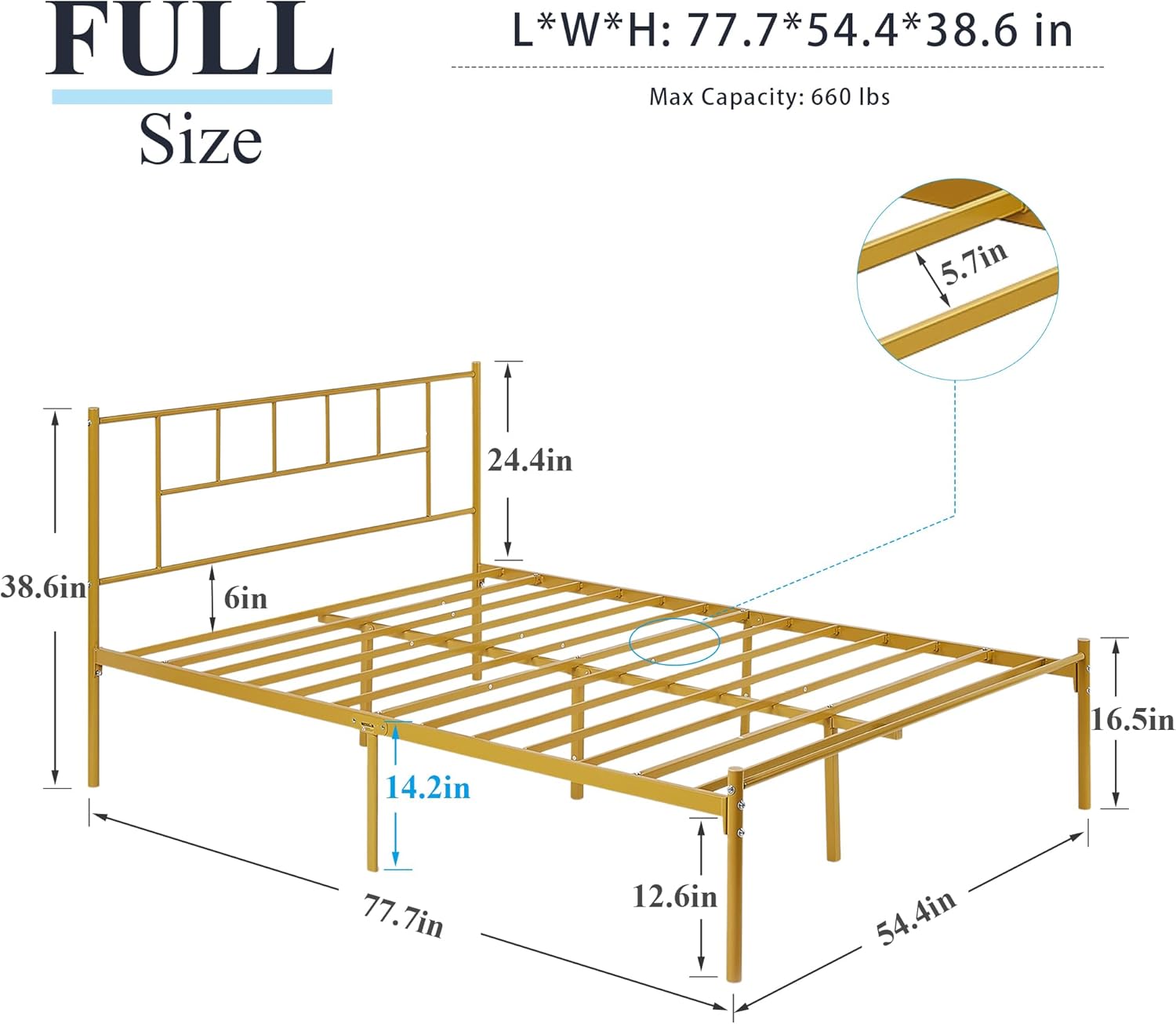 VECELO Bed Frame, 14 Inch Metal Platform with Headboard, Heavy Duty Steel Slat Support - VECELO