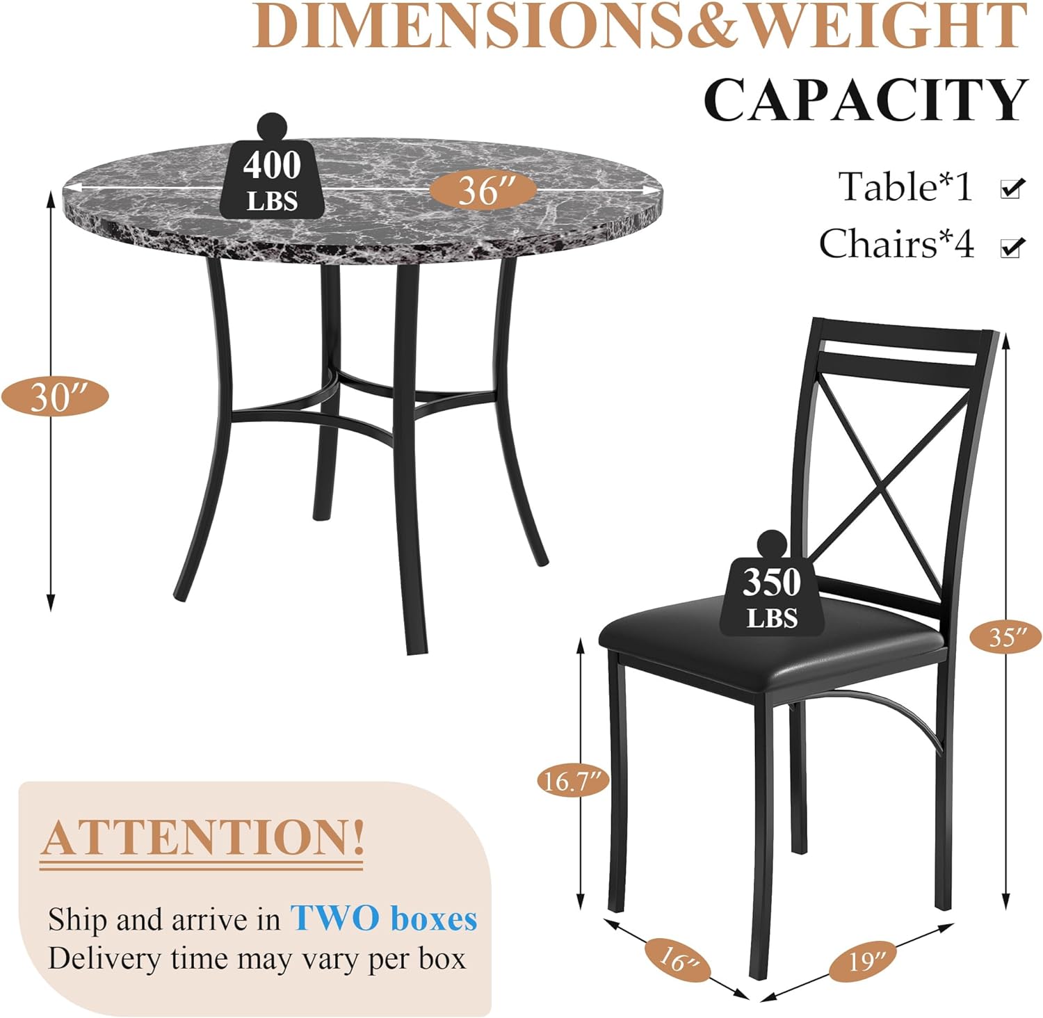 VECELO 5 Piece Dining Table Set for 4 Faux Marble Dinette with Chairs