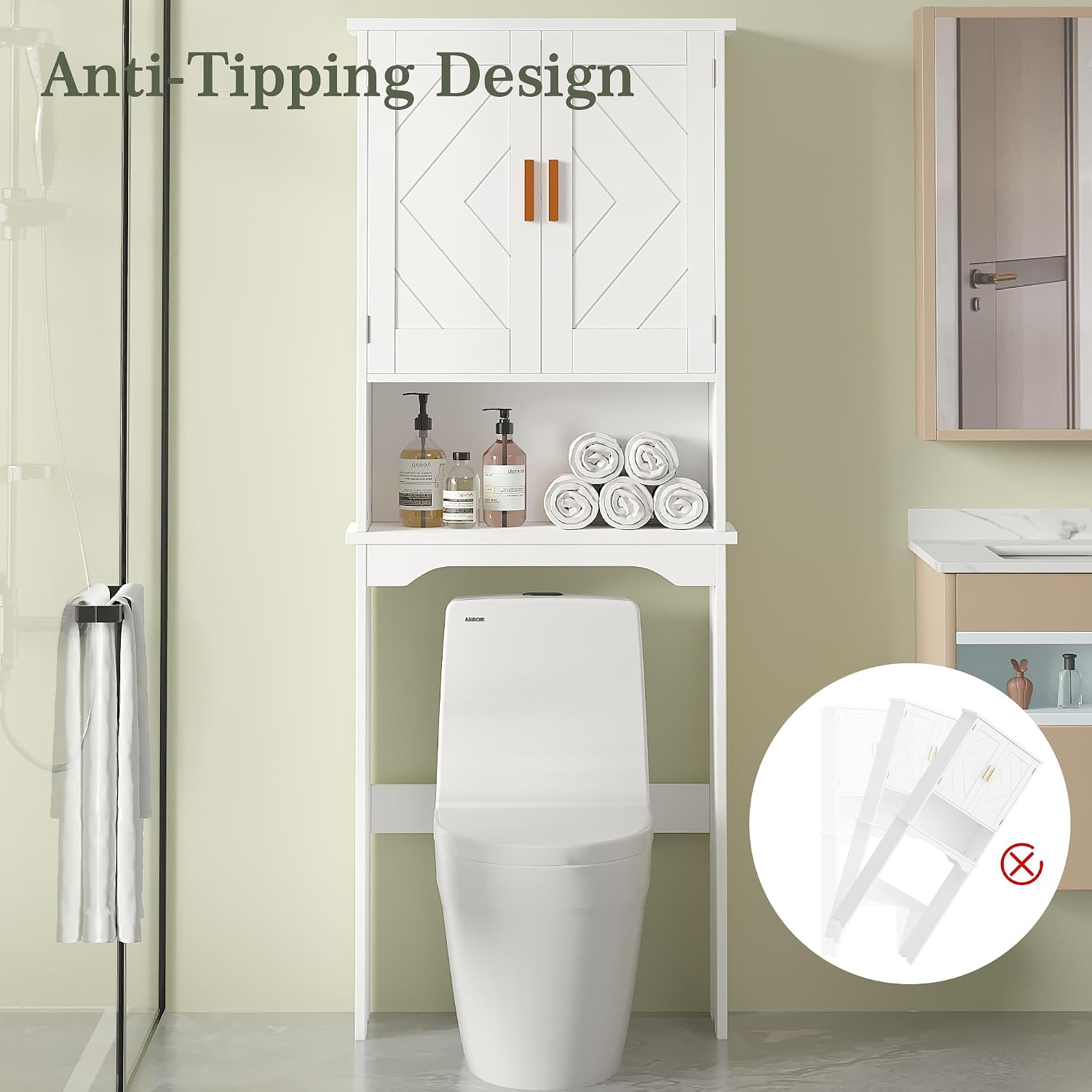 VECELO Over The Toilet Storage Cabinet, Over Toilet Bathroom Shelf with Double Doors and Anti-Tip Device