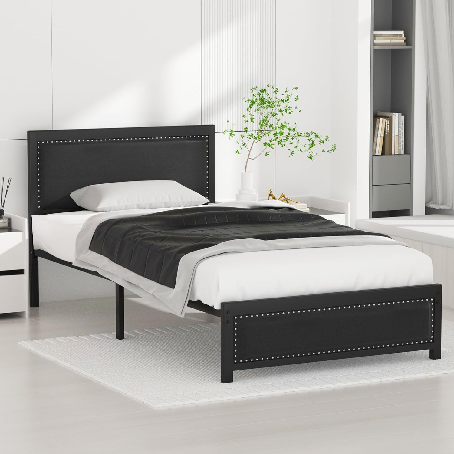 VECELO Bed Frame with Linen Fabric Headboard and Footboard No Box Spring Needed - VECELO