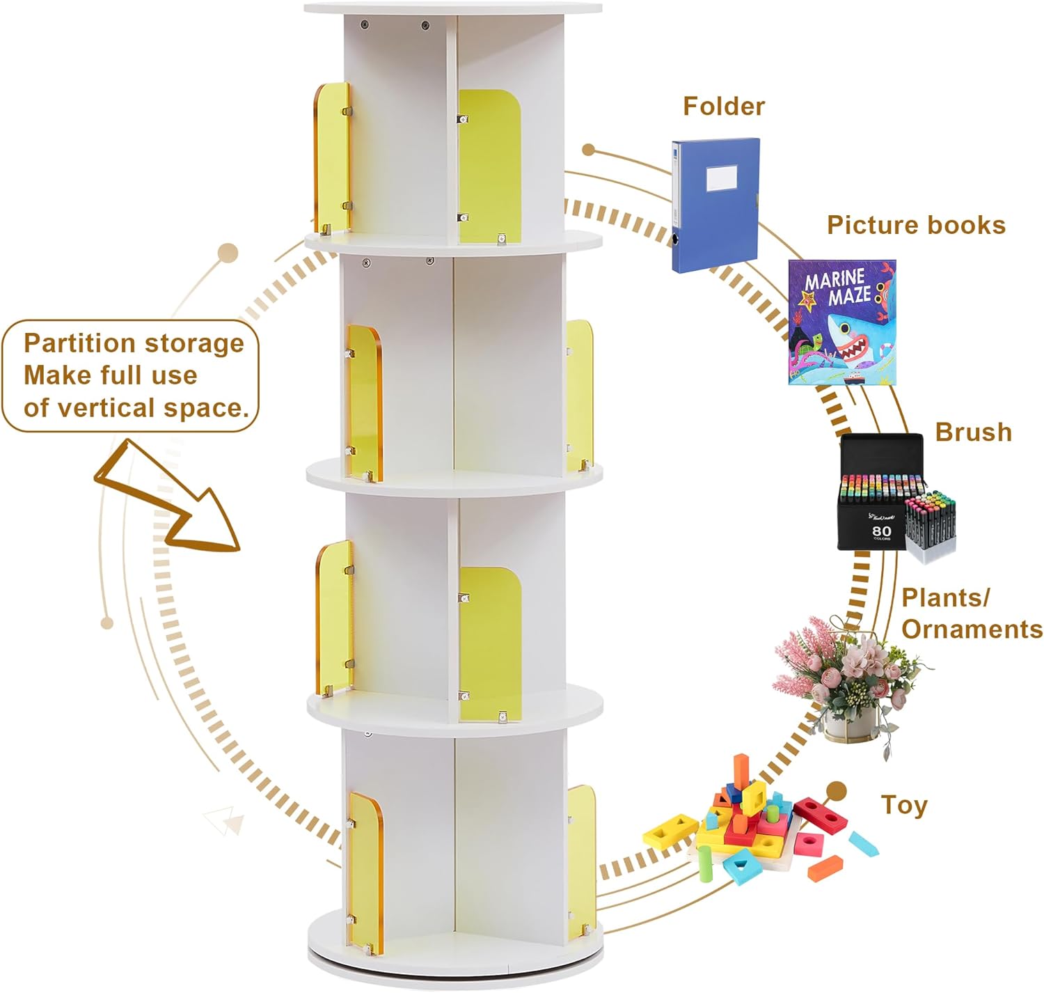 VECELO Rotating Bookshelf with Acrylic Display Window Partition
