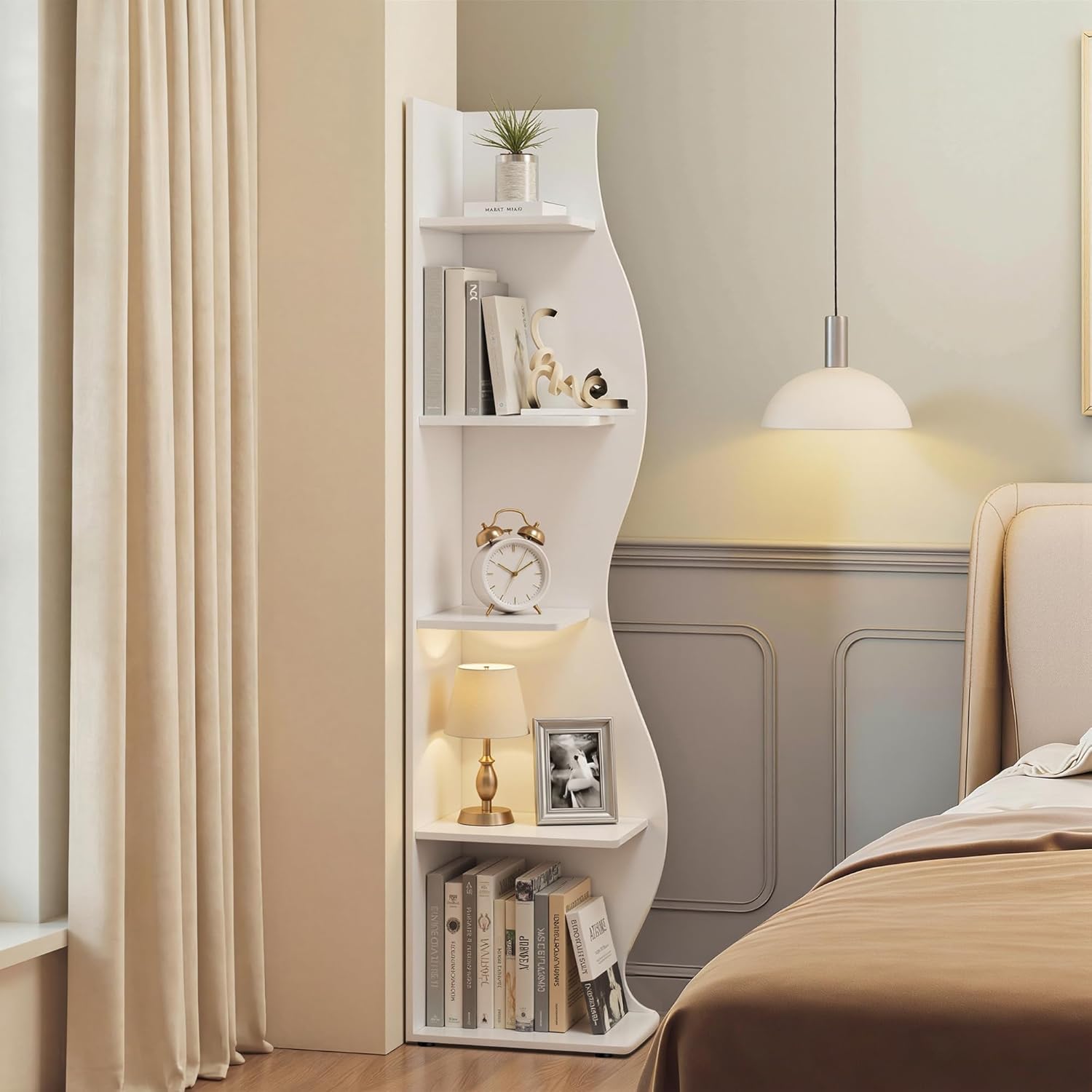 VECELO Wavy Corner Shelf, Decorative 5-Tier Storage Bookshelf