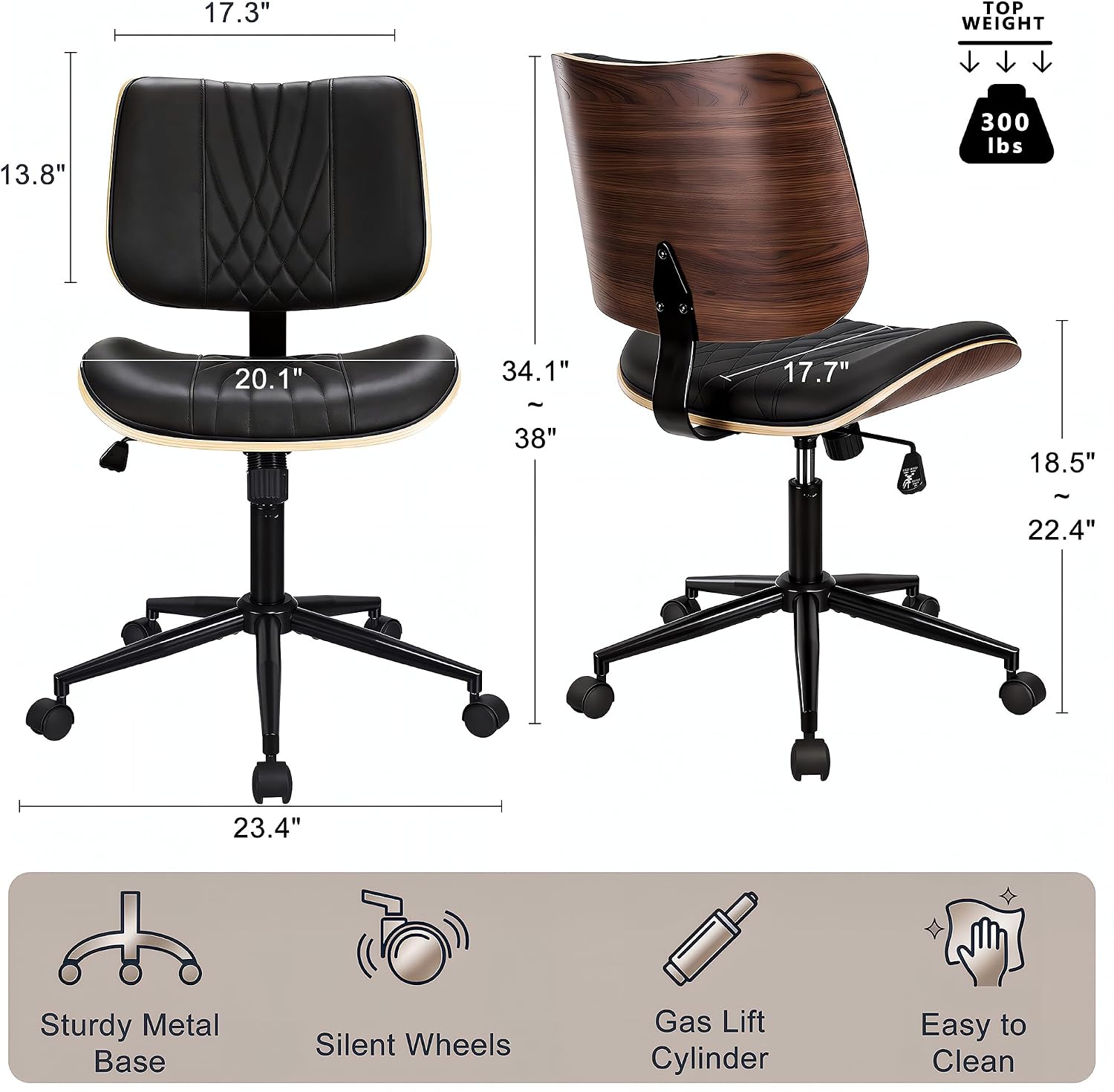 VECELO Armless Office, Computer, Desk Chair with Wheels
