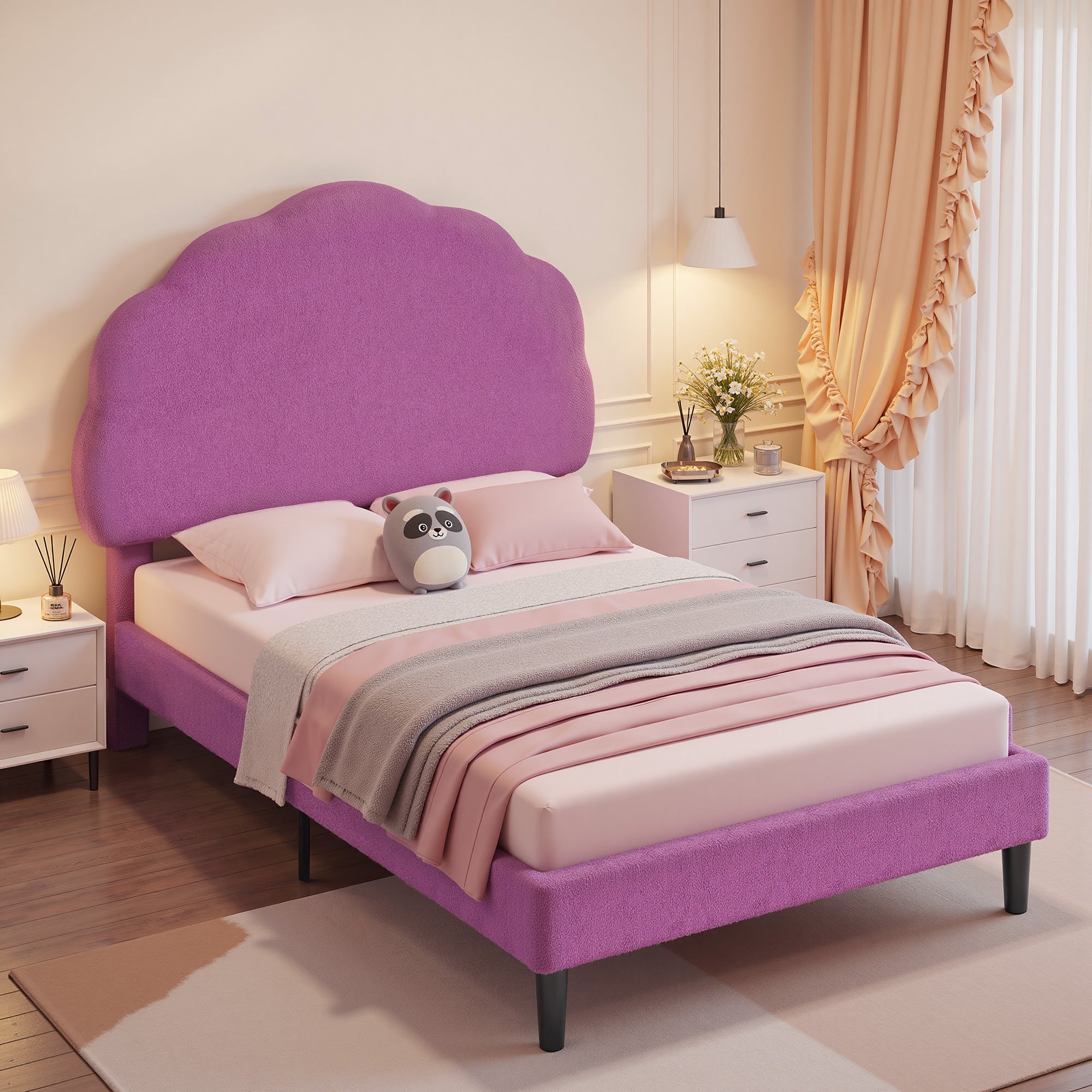 VECELO Twin Size Bed Frame, Upholstered Platform Bedframe with Height Adjustable Plush Fabric Headboard