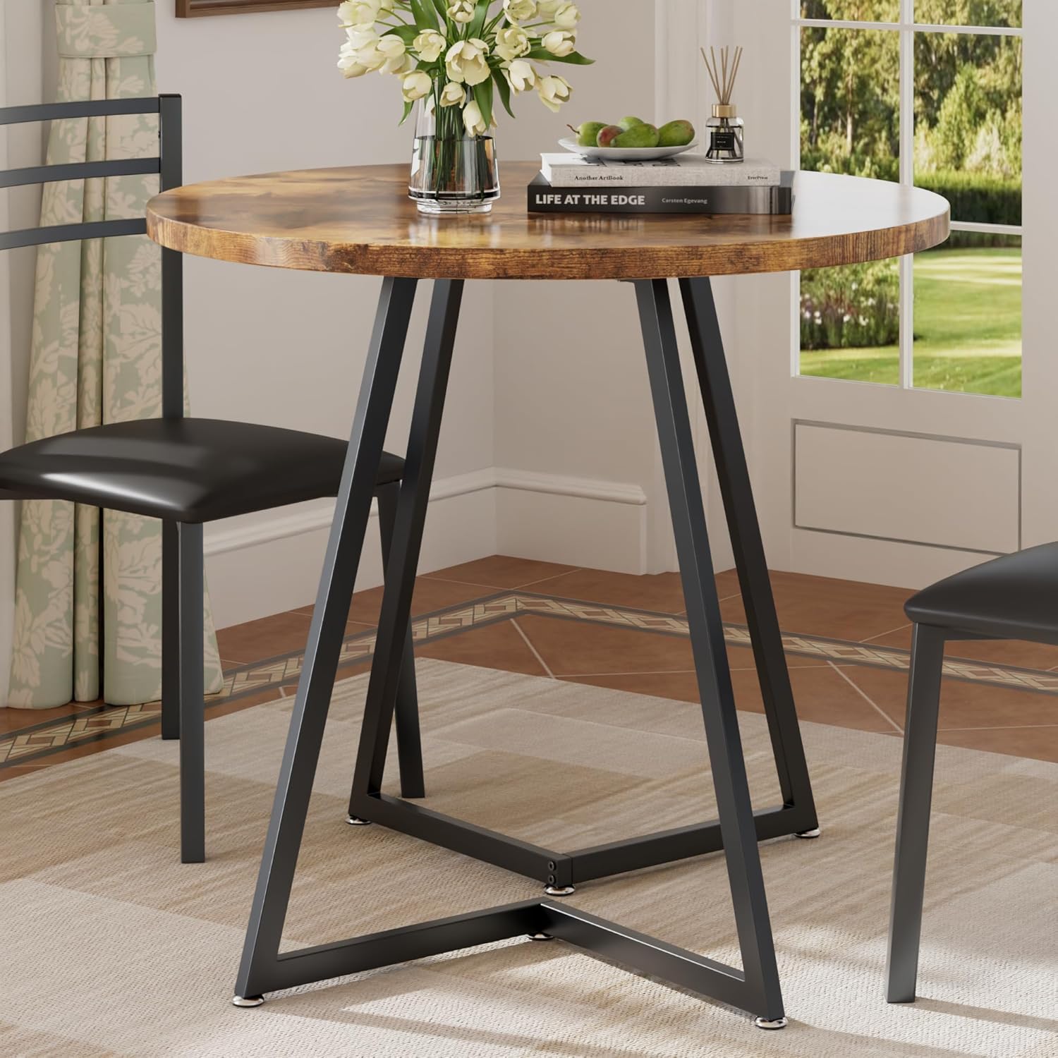 VECELO Round Dining Room Table with Wood Grain Tabletop and Steel Frame
