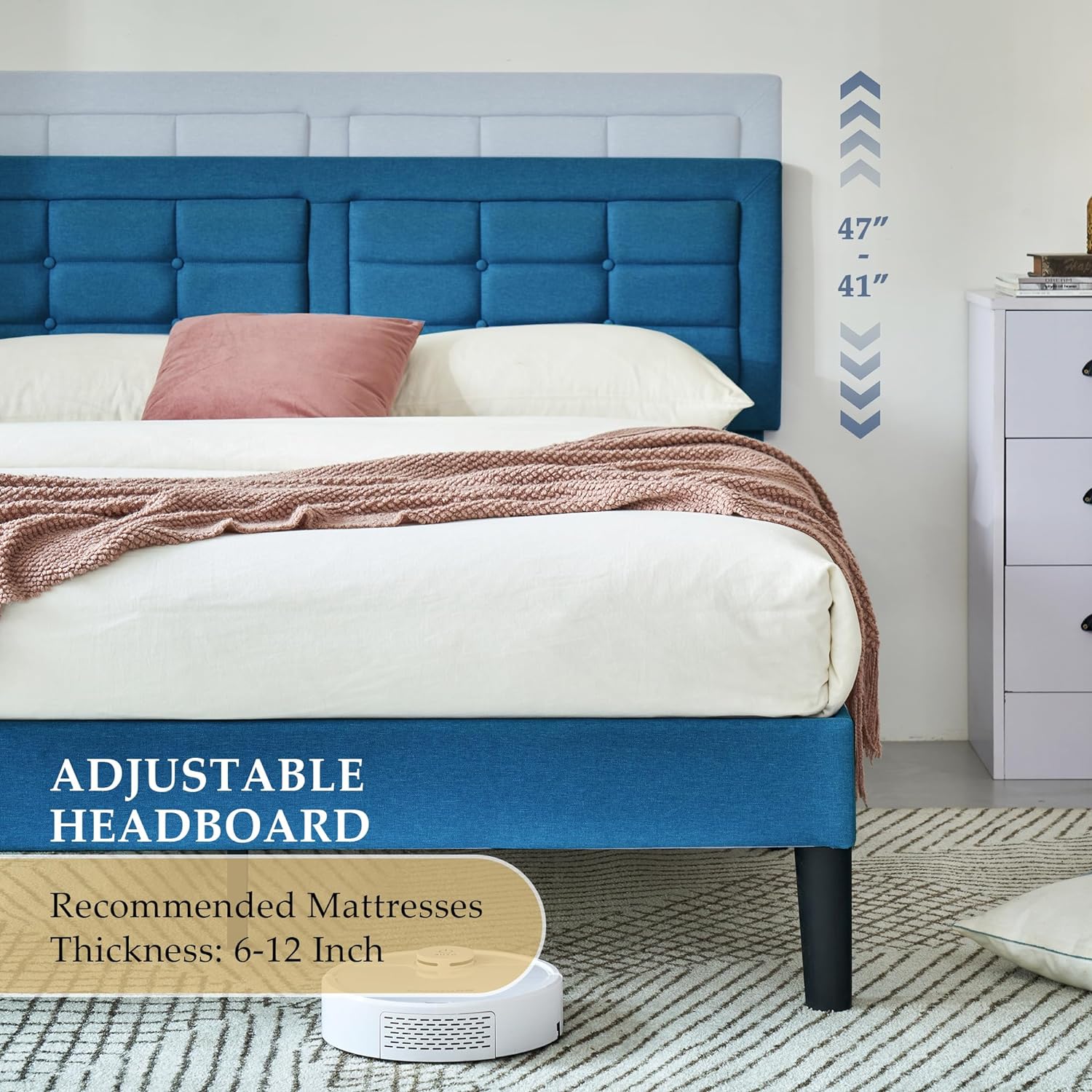 VECELO Upholstered Platform Bed Frame with Height Adjustable Headboard