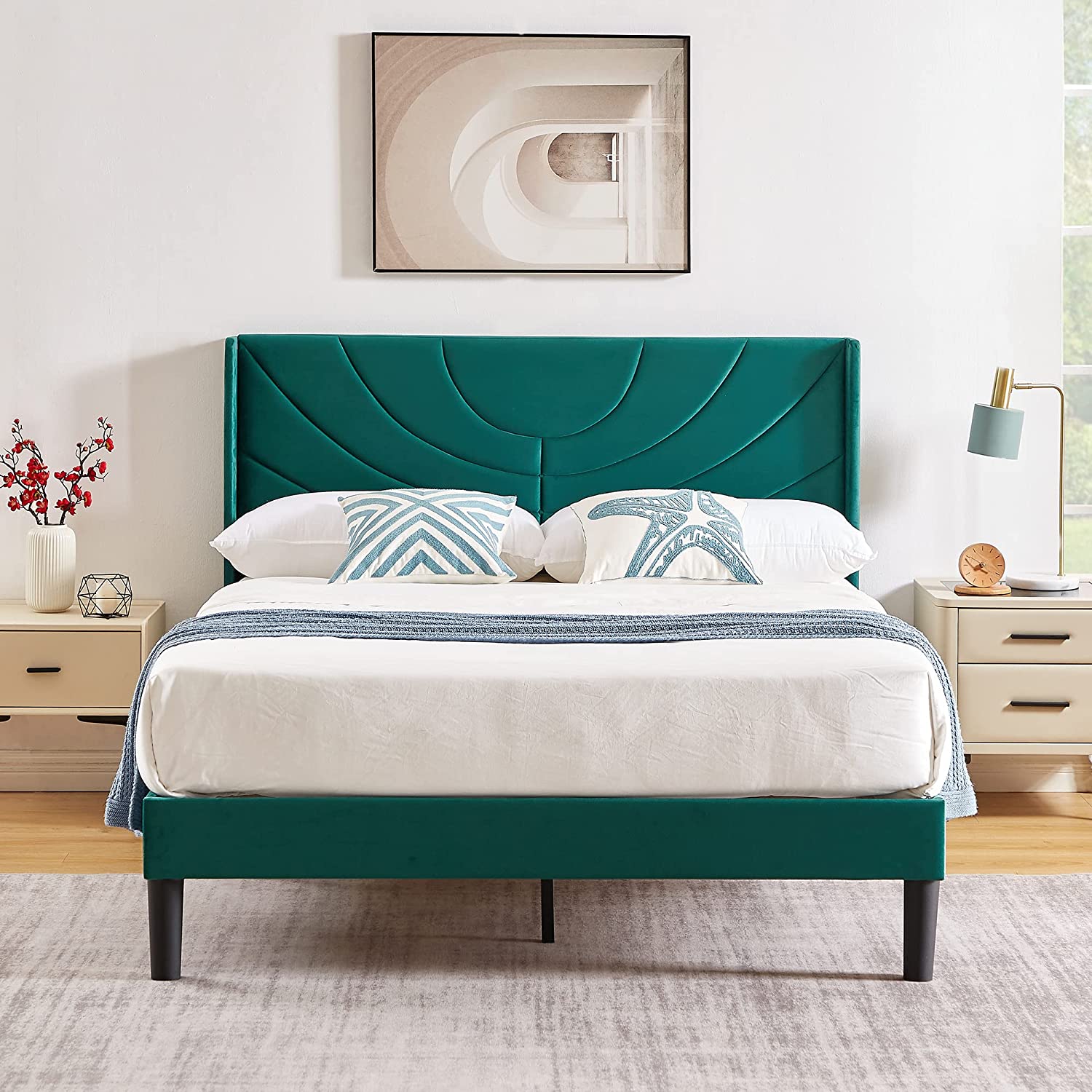 VECELO Upholstered Platform Bed Frame with Adjustable Fabric Headboard