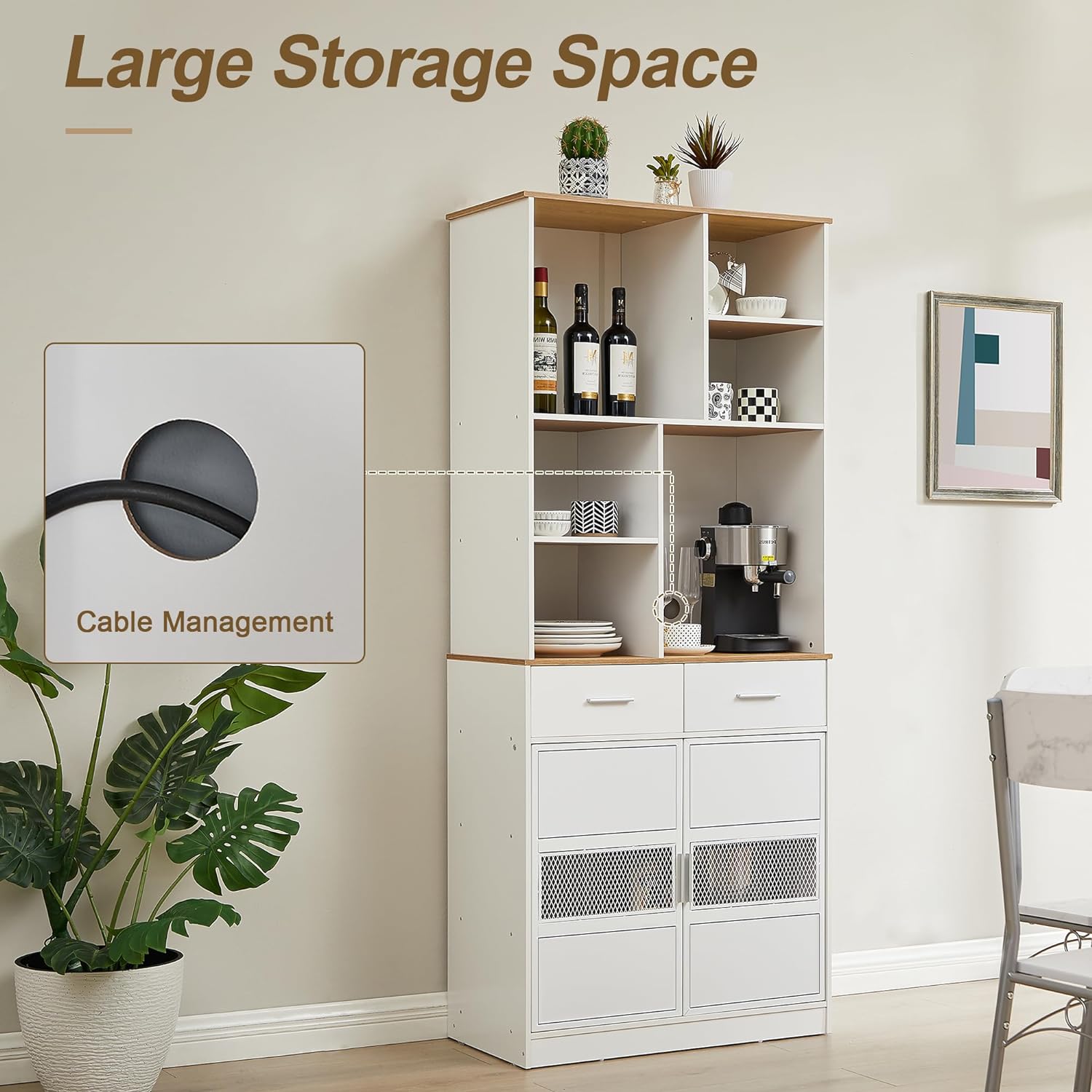 VECELO Floor Storage Cabinet 72" Free Standing Kitchen Pantry Buffet Cupboard with Multi Open Shelves and 2 Drawers