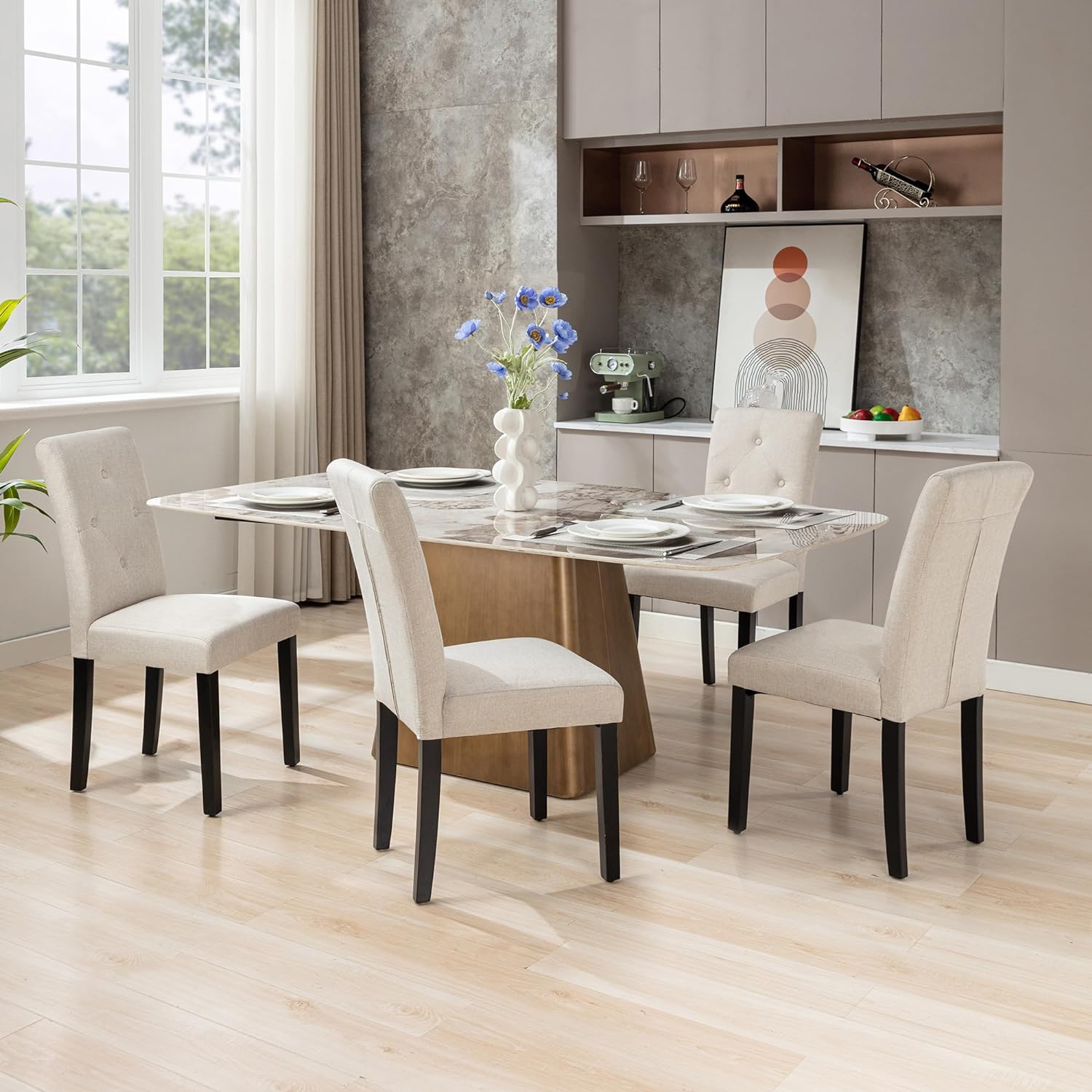 VECELO Upholstered Dining Set of 2 Modern Fabric Dinning Chair with Solid Wood Legs and High Back