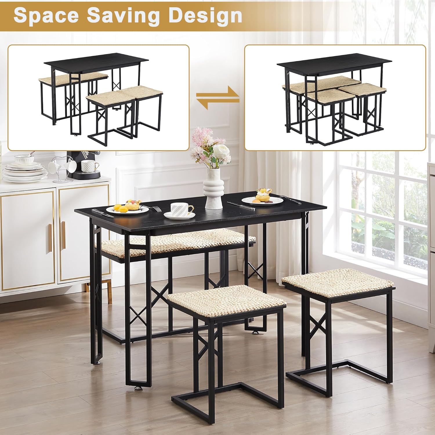 VECELO 43.3" Farmhouse Room Sets for 4 with 3 Benches Wicker-Knot Cushions - VECELO