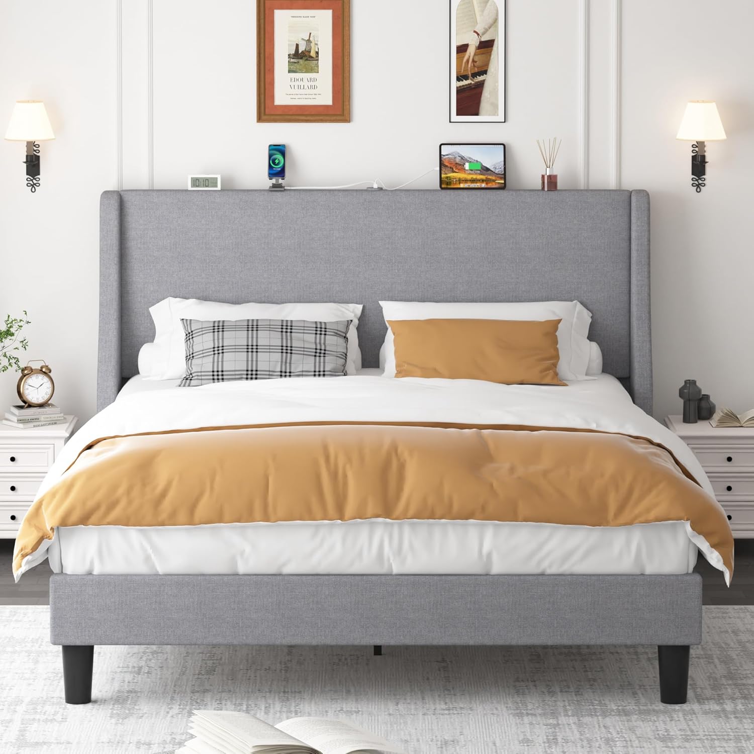 VECELO Bed Frame with Upholstered Wingback Headboard