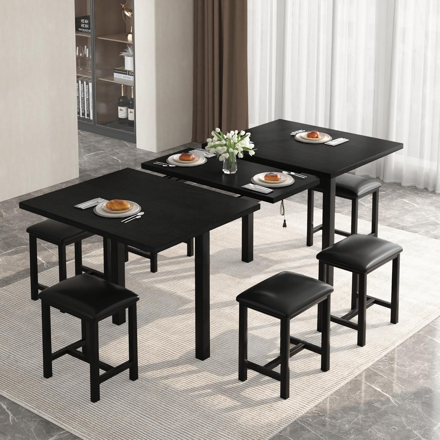 VECELO 7-Piece Dining Table Set with 6 Square Stools