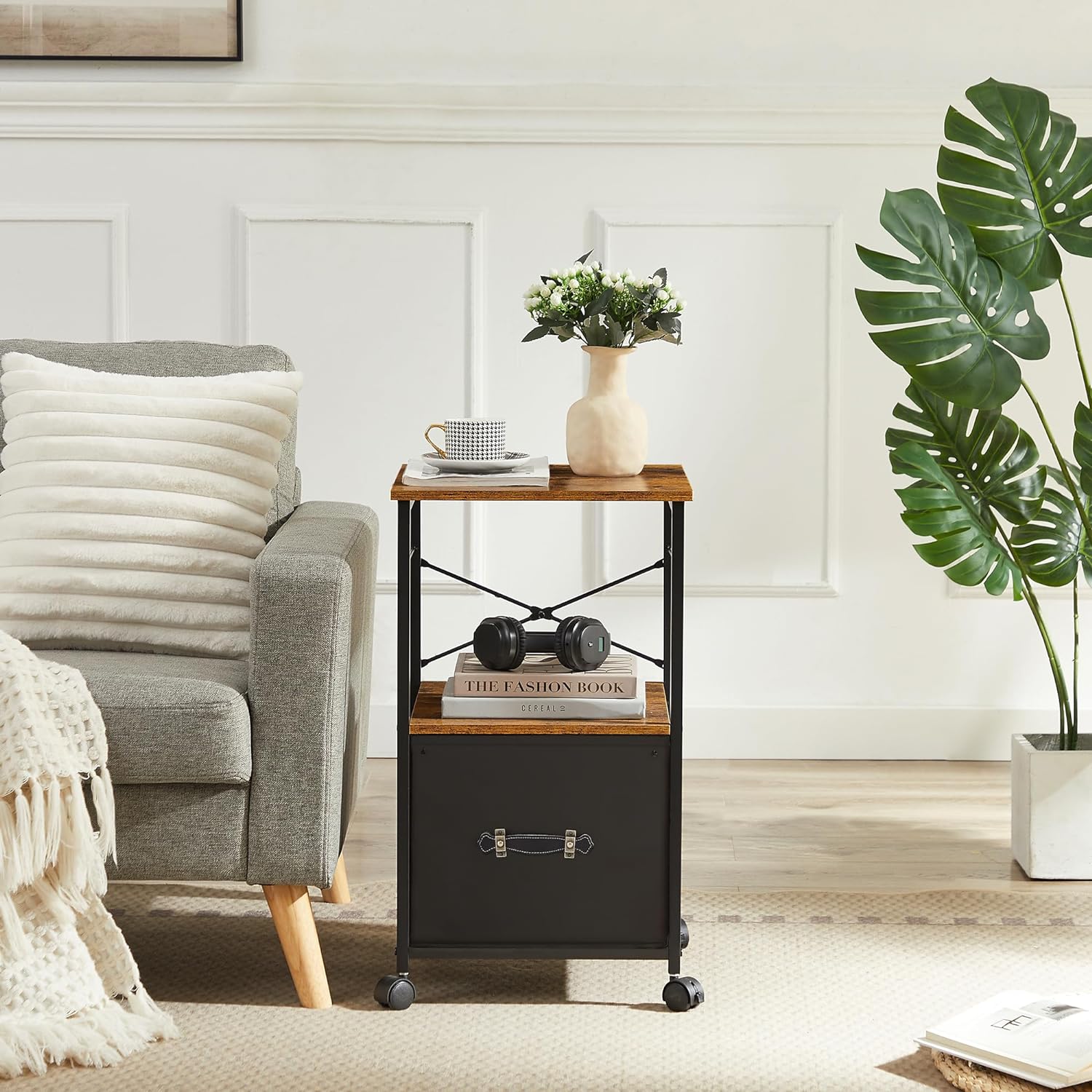 VECELO File Cabinet with Open Storage Shelf, Rolling Printer Stand with Large Fabric Drawer