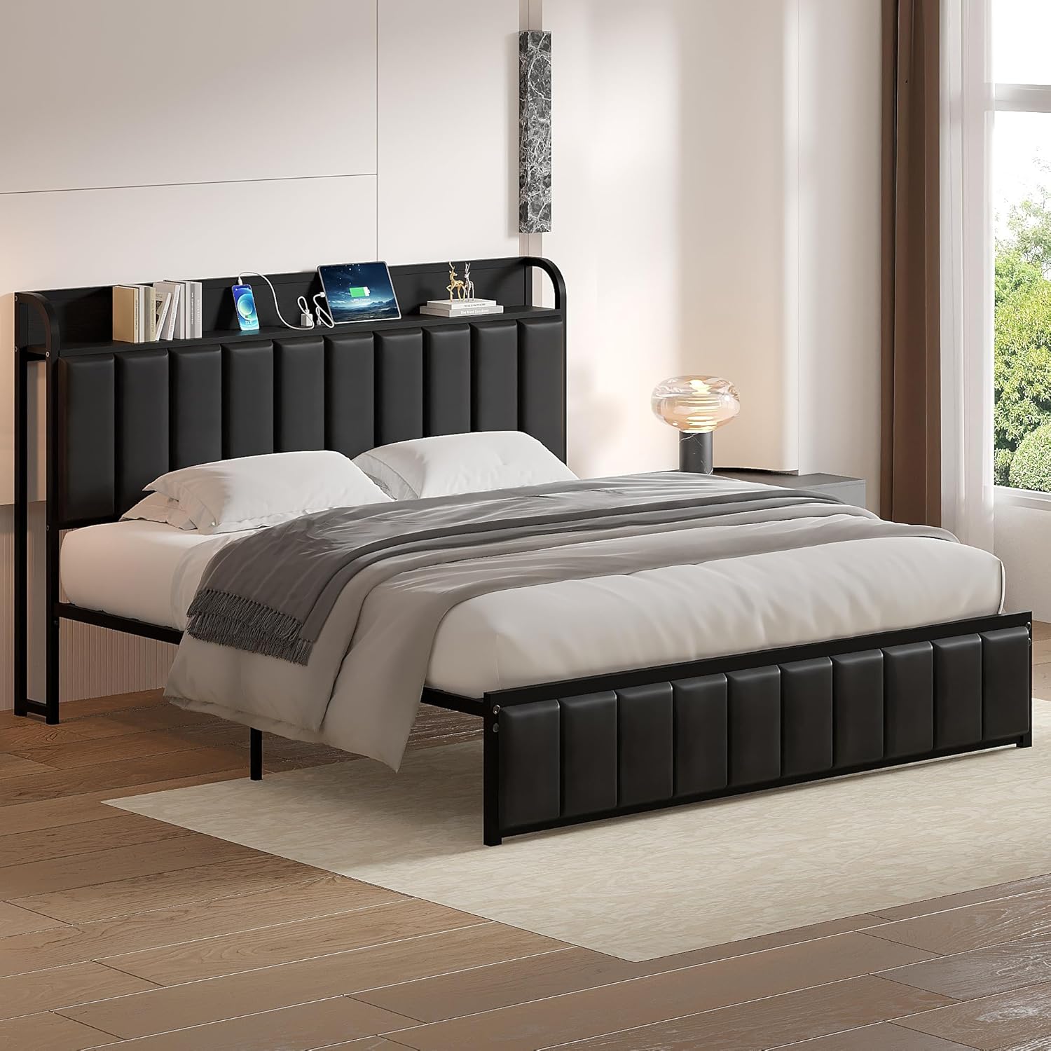 VECELO Twin Bed Frame, Storage Upholstered Headboard with Charging Station