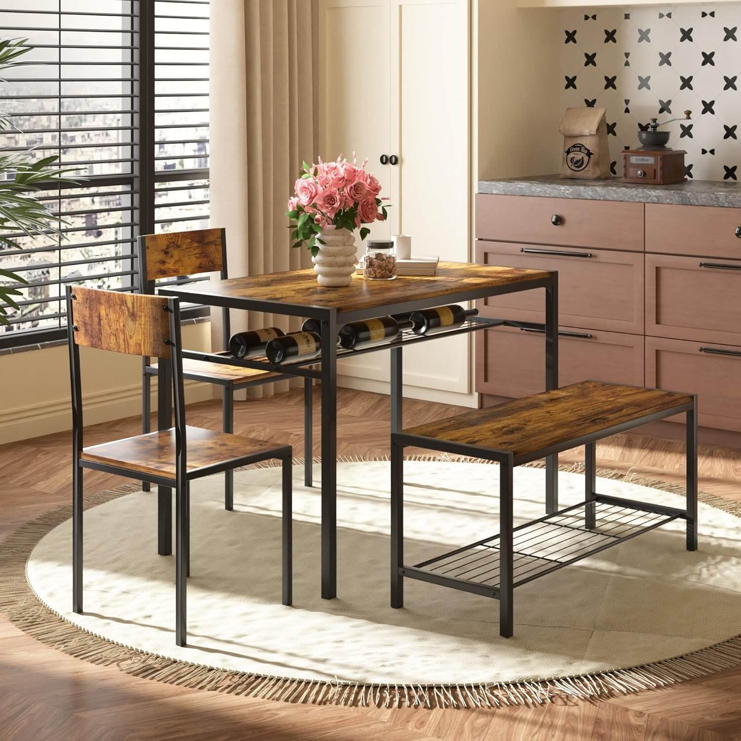 Industrial modern kitchen dining table set in brown and black with 2 chairs and a bench, featuring sleek wood and metal design.