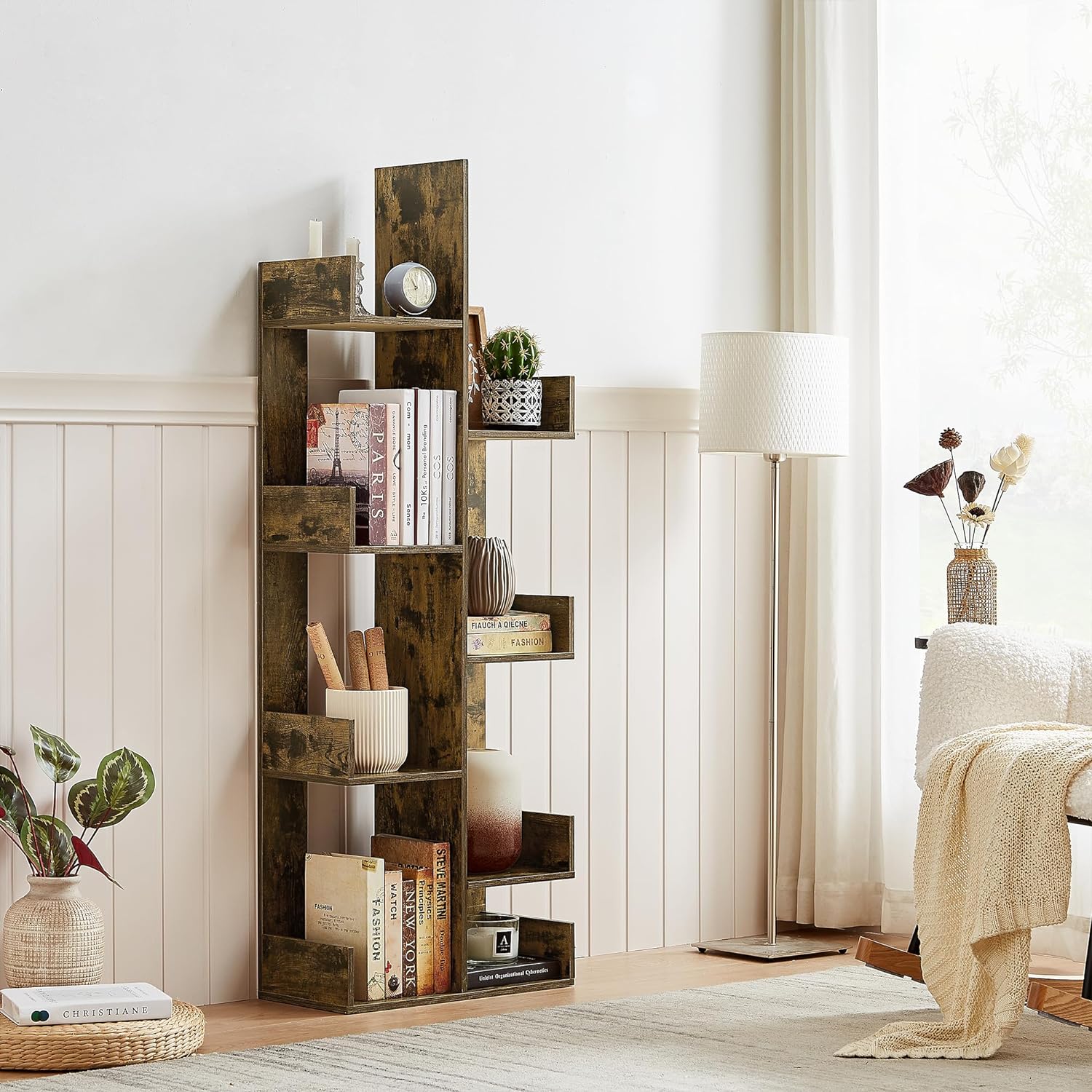 VECELO Tree Bookshelf, Geometric 8 Shelf Tree Bookcase Wood Bookshelves Display