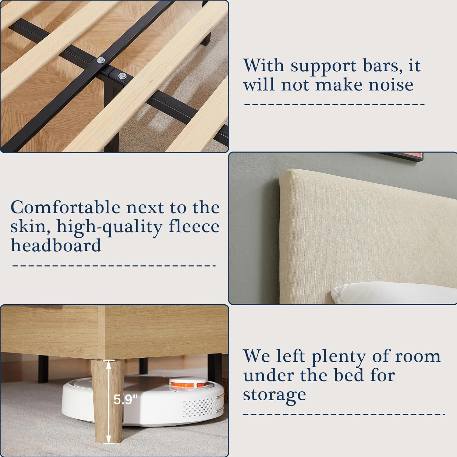 VECELO Upholstered Platform Bed Frame with Height-Adjustable Cotton and Linen Headboard