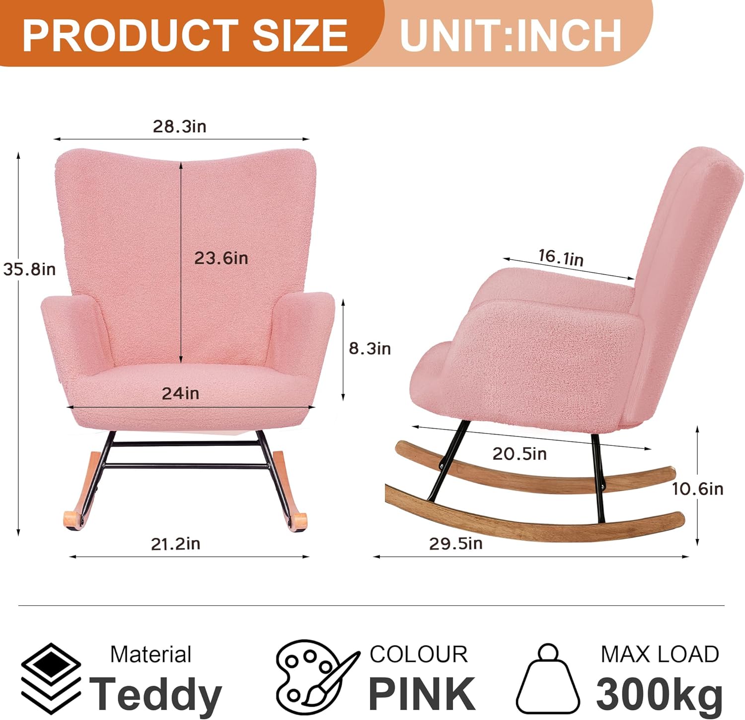 VECELO Rocking Chair, Modern Upholstered Teddy Fabric Nursery Glider