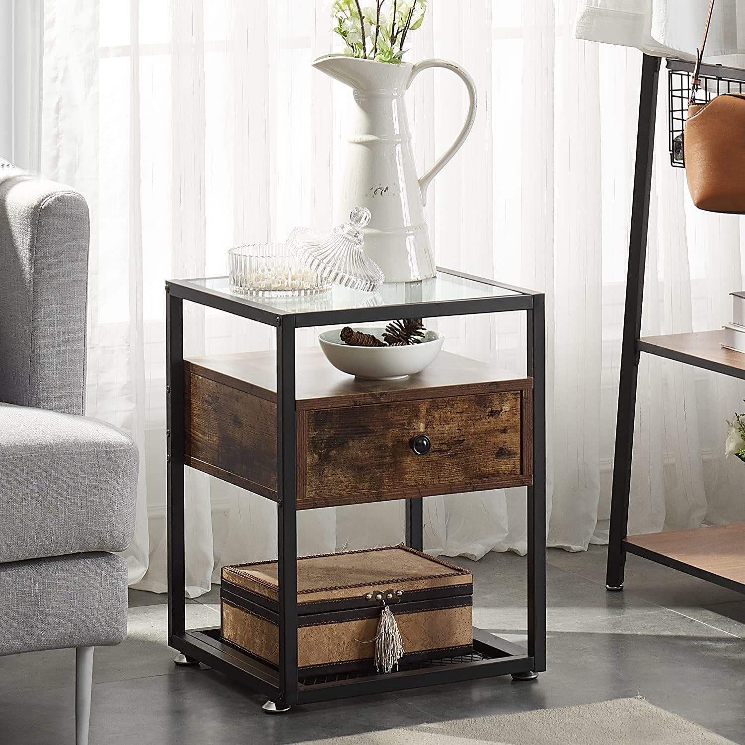 VECELO Nightstands,Glass Top End Tables with Drawer and Shelf