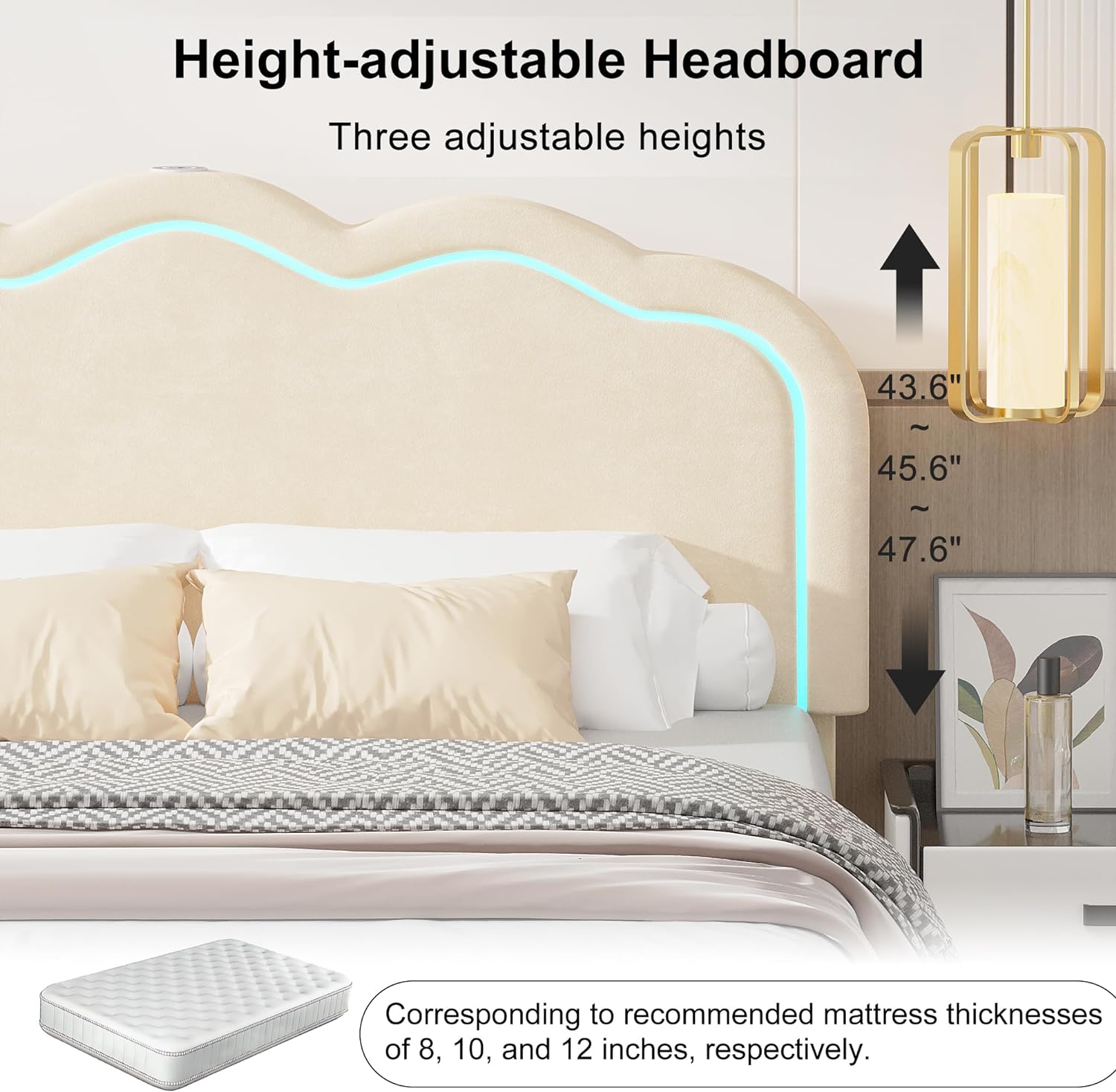 VECELO Upholstered Velvet Platform Bed Frame with Headboard Adjustable, LED Lights, USB-A & Type-C