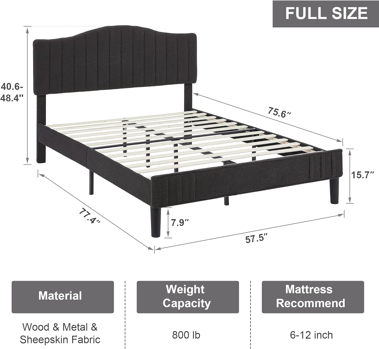 VECELO Upholstered Platform Bed Frame with Sheepskin Fabric Adjustable Headboard/Strong Wood Slats Supports