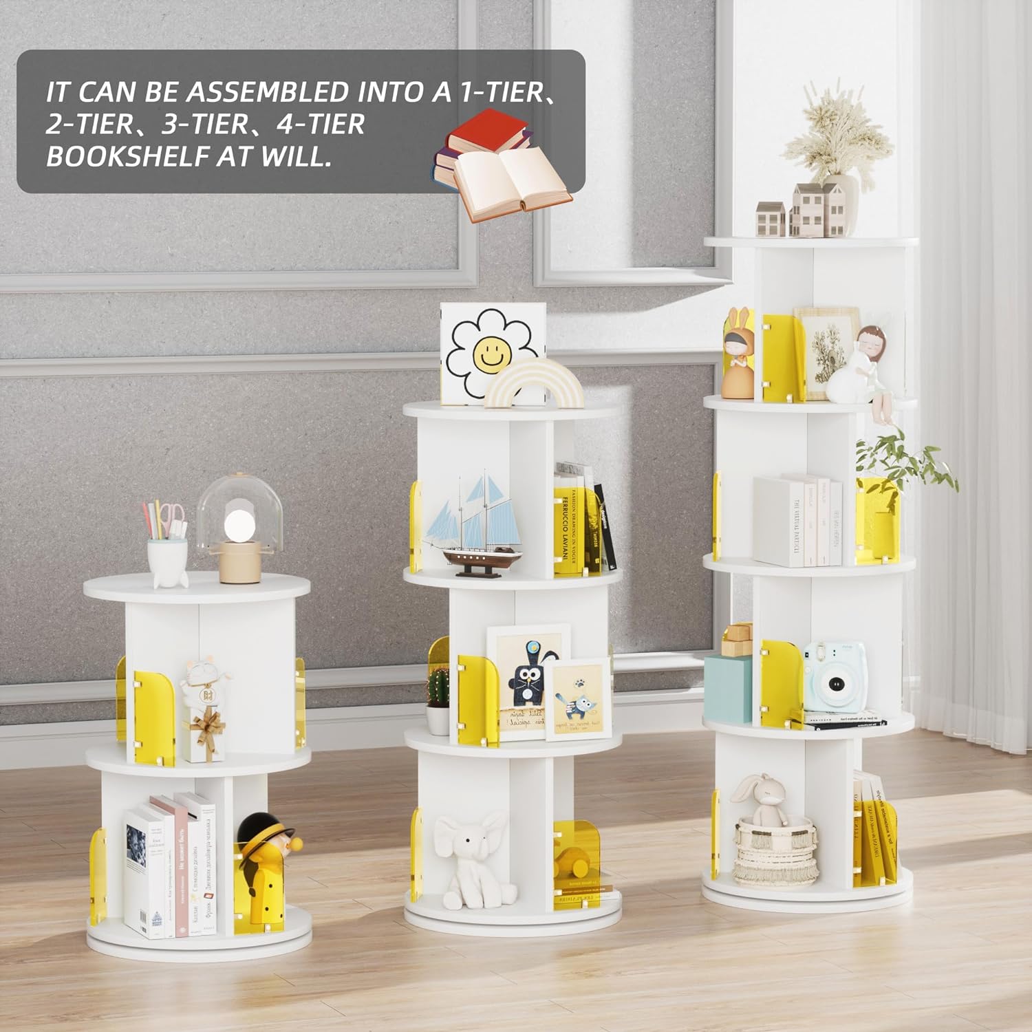 VECELO Rotating Bookshelf with Acrylic Display Window Partition