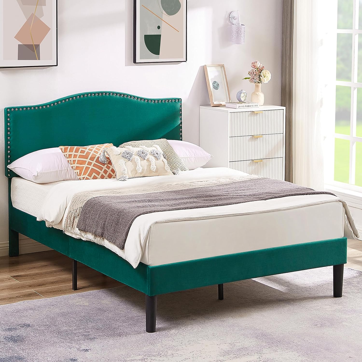VECELO Bed Frame Platform with Upholstered Headboard & Wooden Slats Support - VECELO