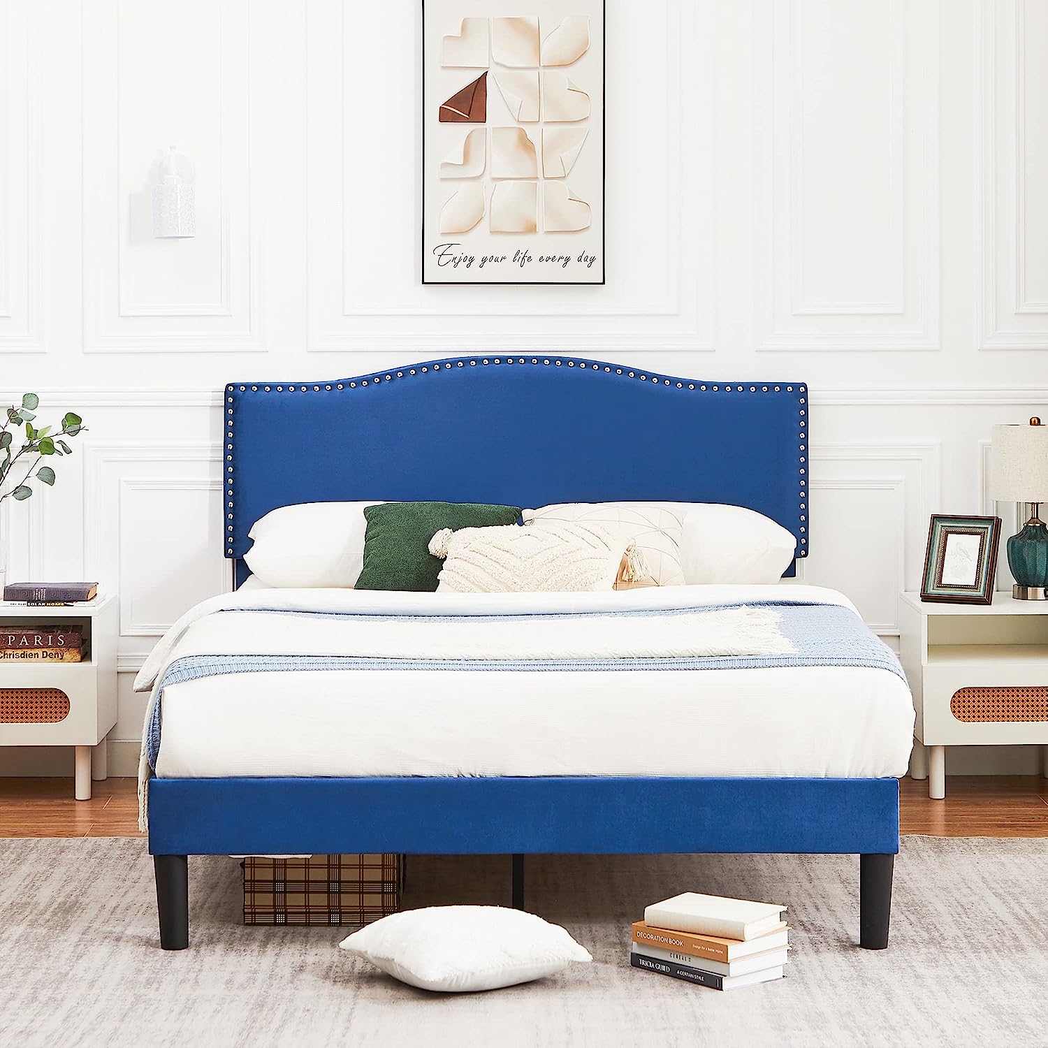 VECELO Bed Frame Platform with Upholstered Headboard & Wooden Slats Support - VECELO