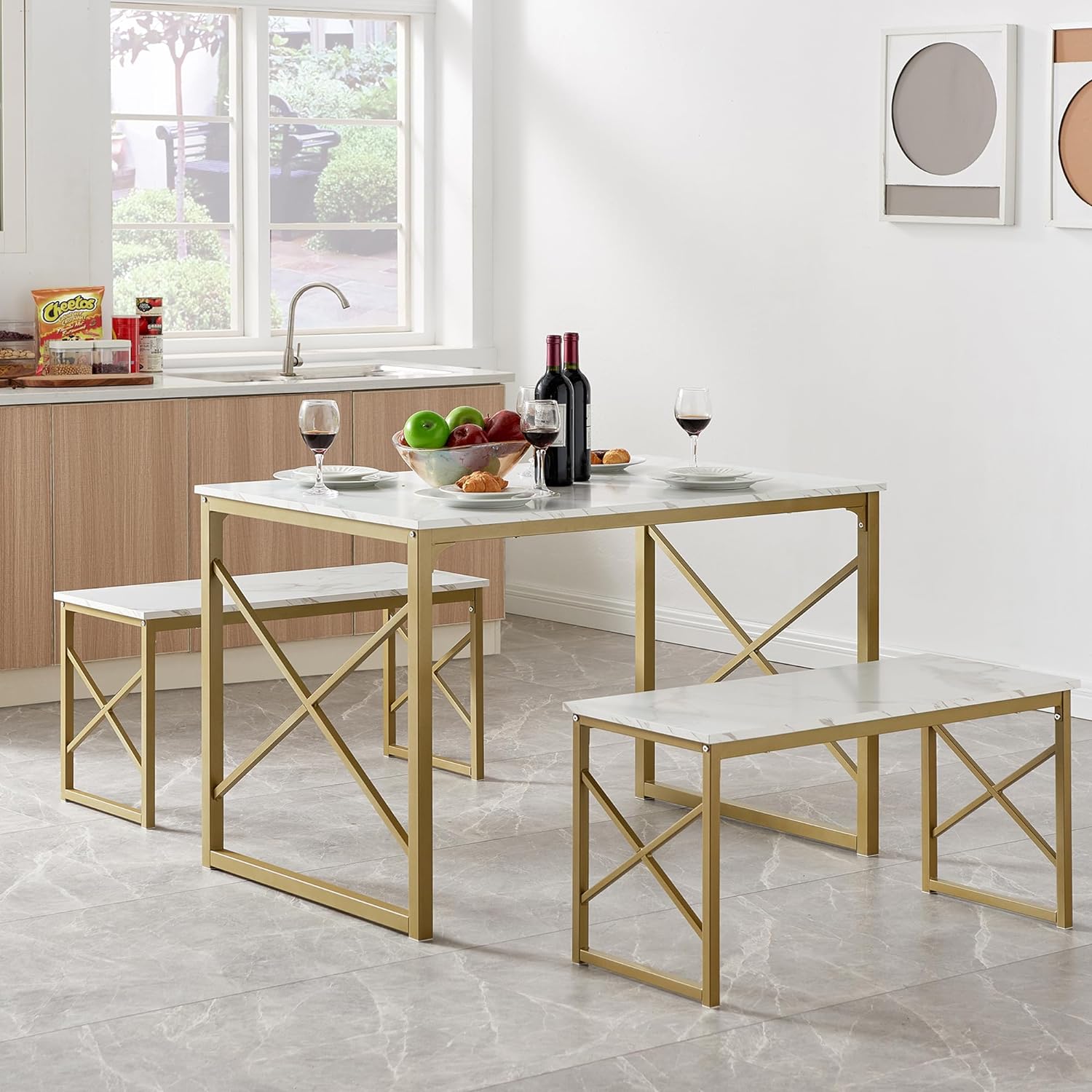 VECELO Kitchen Table with 2 Benches for 4