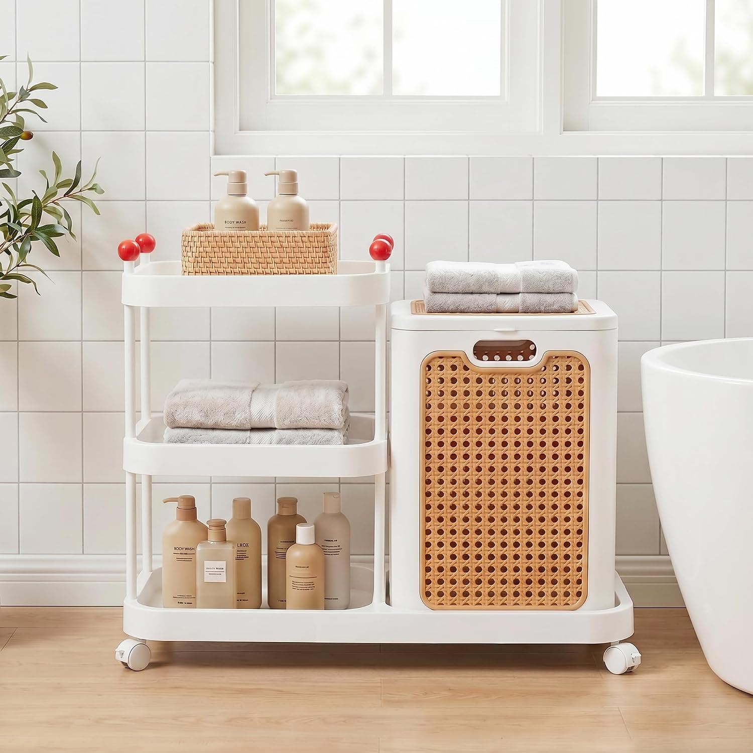 VECELO Rattan-Style Rolling Laundry Hamper Cart