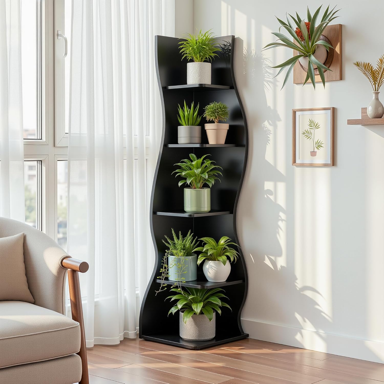 VECELO Wavy Corner Shelf, Decorative 5-Tier Storage Bookshelf