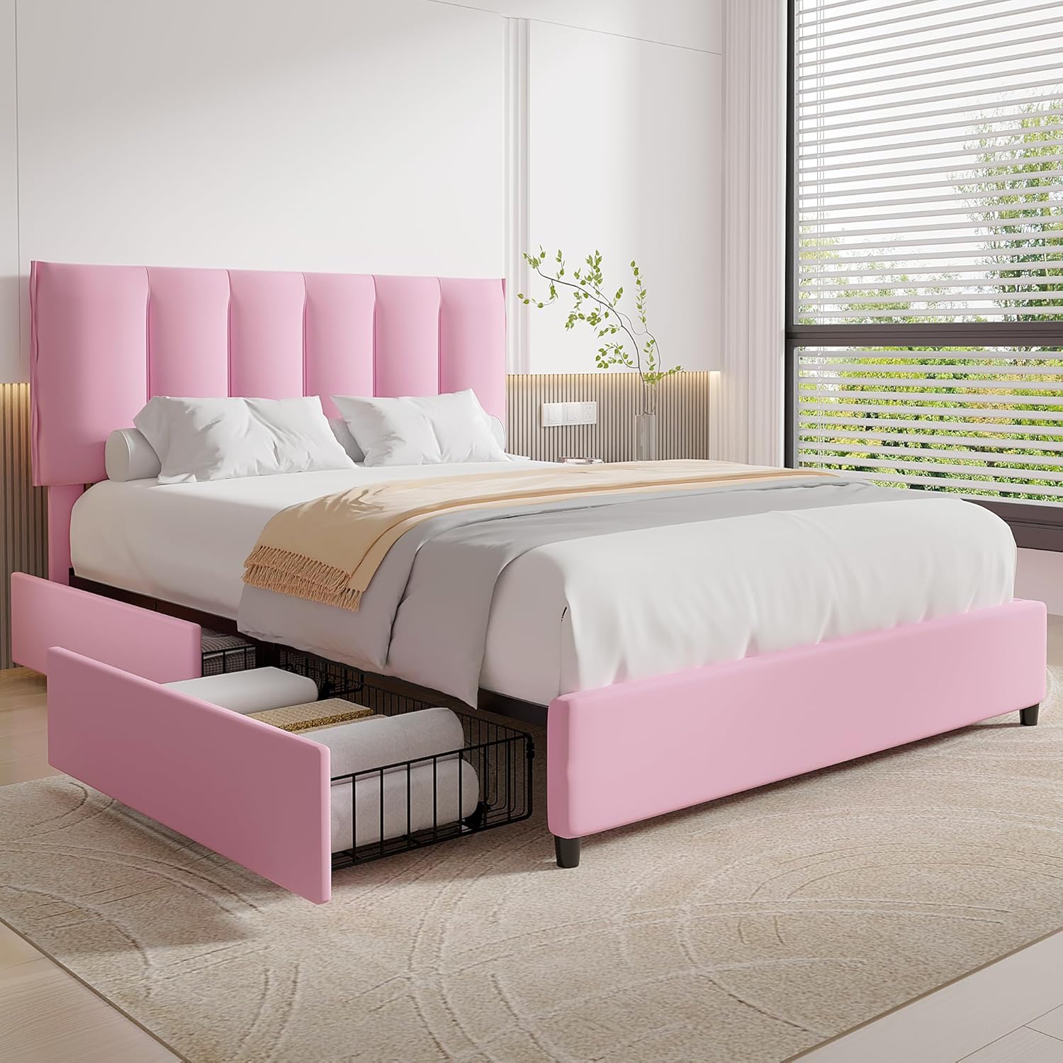 VECELO Upholstered Bed Frame with 4 Storage Drawers and Adjustable Velvet Headboard