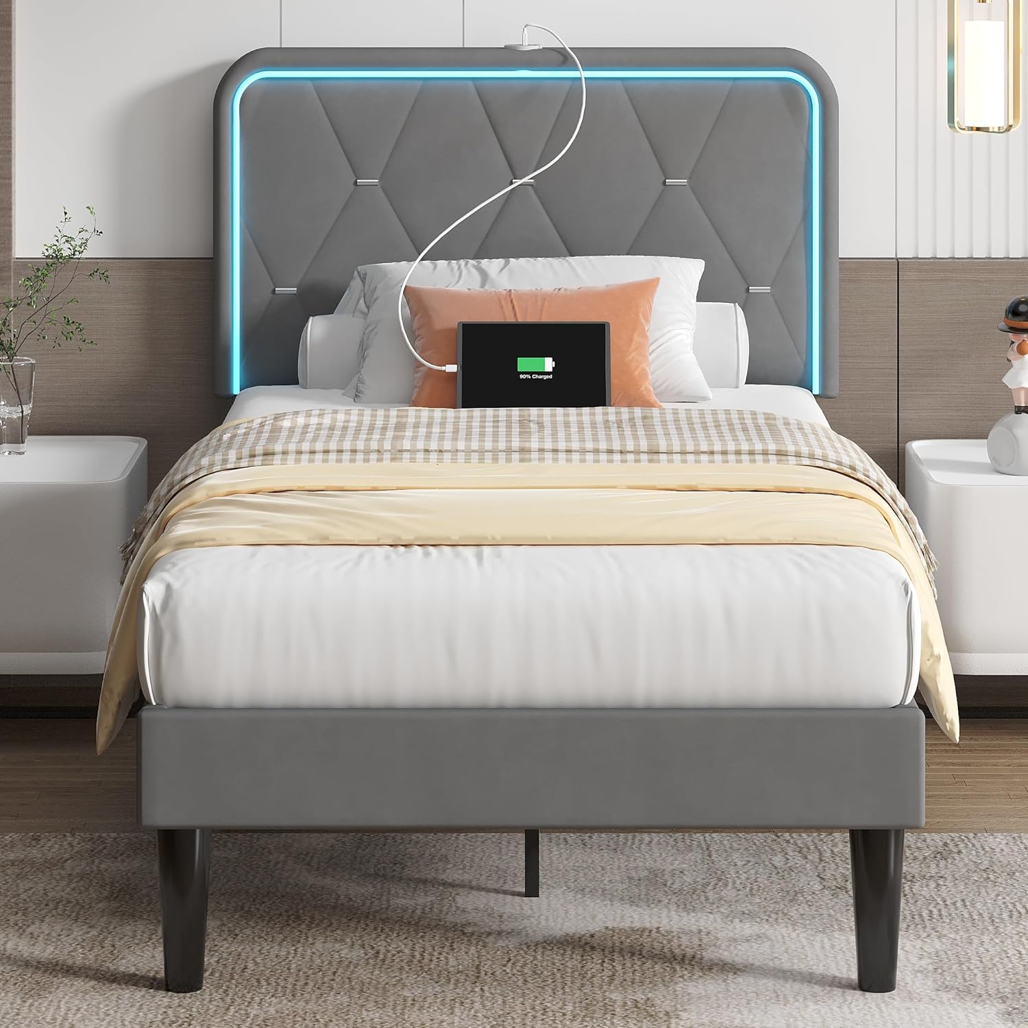 VECELO Upholstered Bed Frame with LED Lights, Charging Station, Velvet Platform Bed