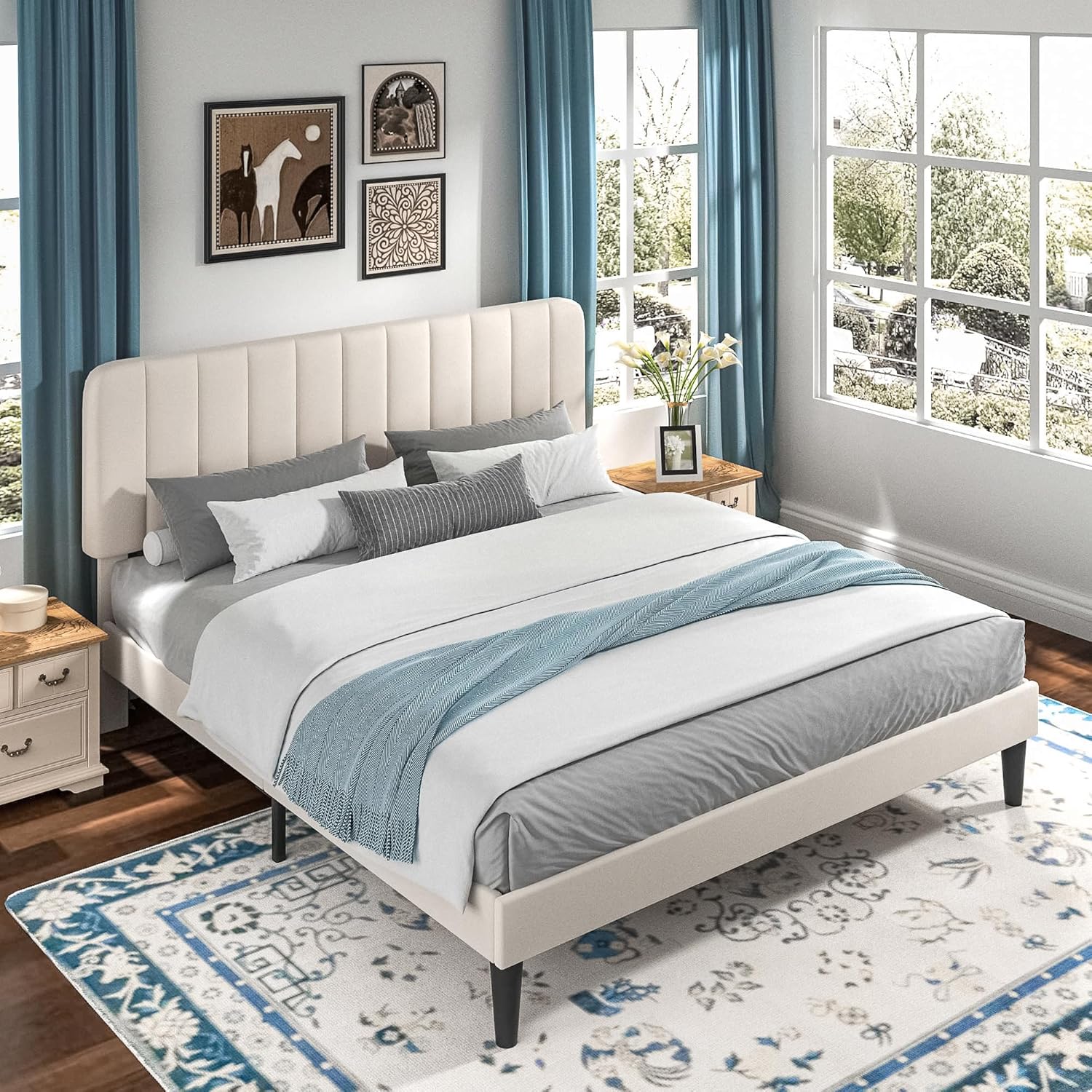 VECELO Upholstered Platform bedframe with Adjustable Headboard