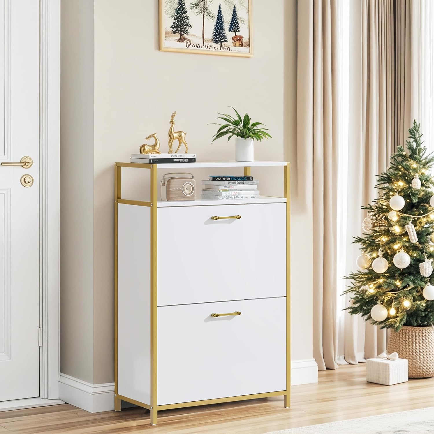 VECELO Shoe Storage Cabinet with 2 Flip Drawers